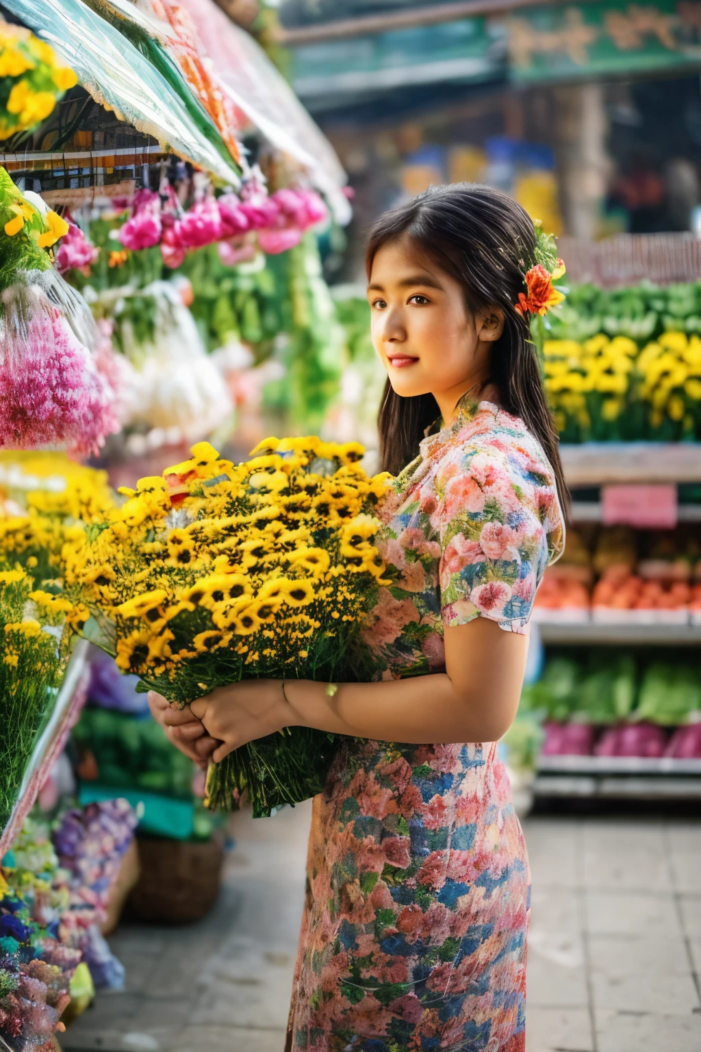 Girl, standing, in the flowers market,