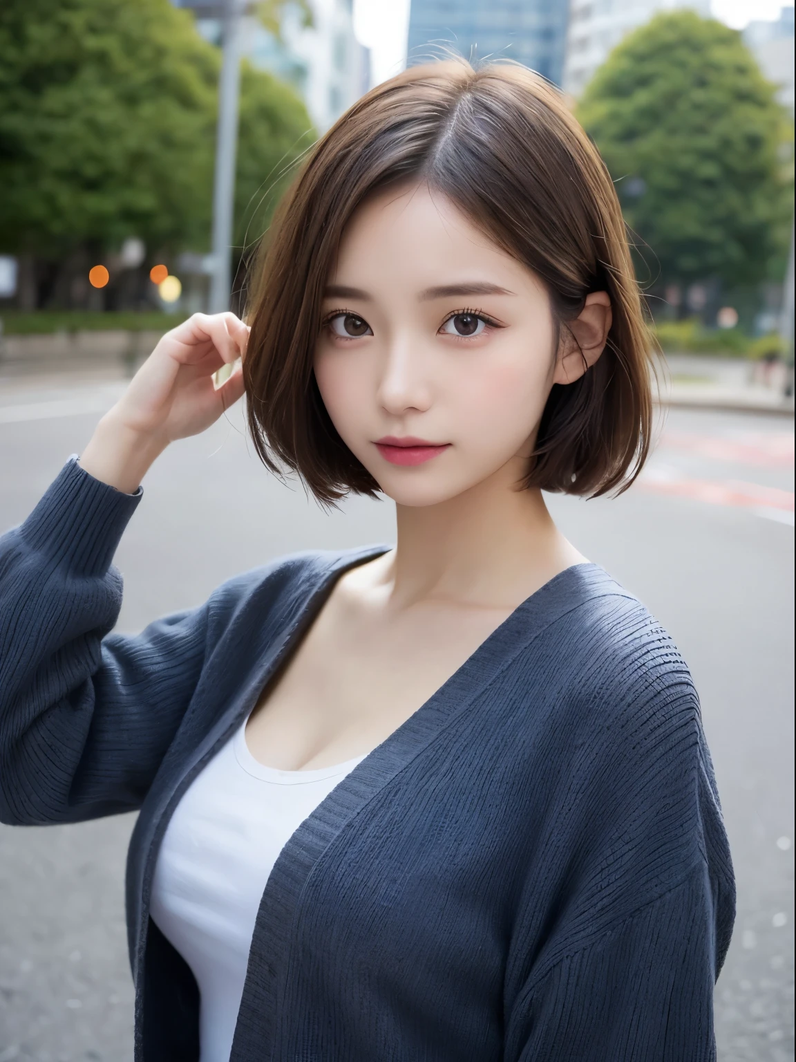Detailed details,、hight resolution、hightquality、Perfect dynamic composition、Beautiful detailed eyes、short-hair、Small breasts、Natural Color Lip、Kamimei、Shibuya、20 years girl、1 persons、Transparent skin、Glowing hair、masutepiece、Best Quality、finely detail、hight resolution、8K、The correct state of the human body、randome pose、Gravure Model Pose、onepiece、cardigan、Hair soaring in the wind