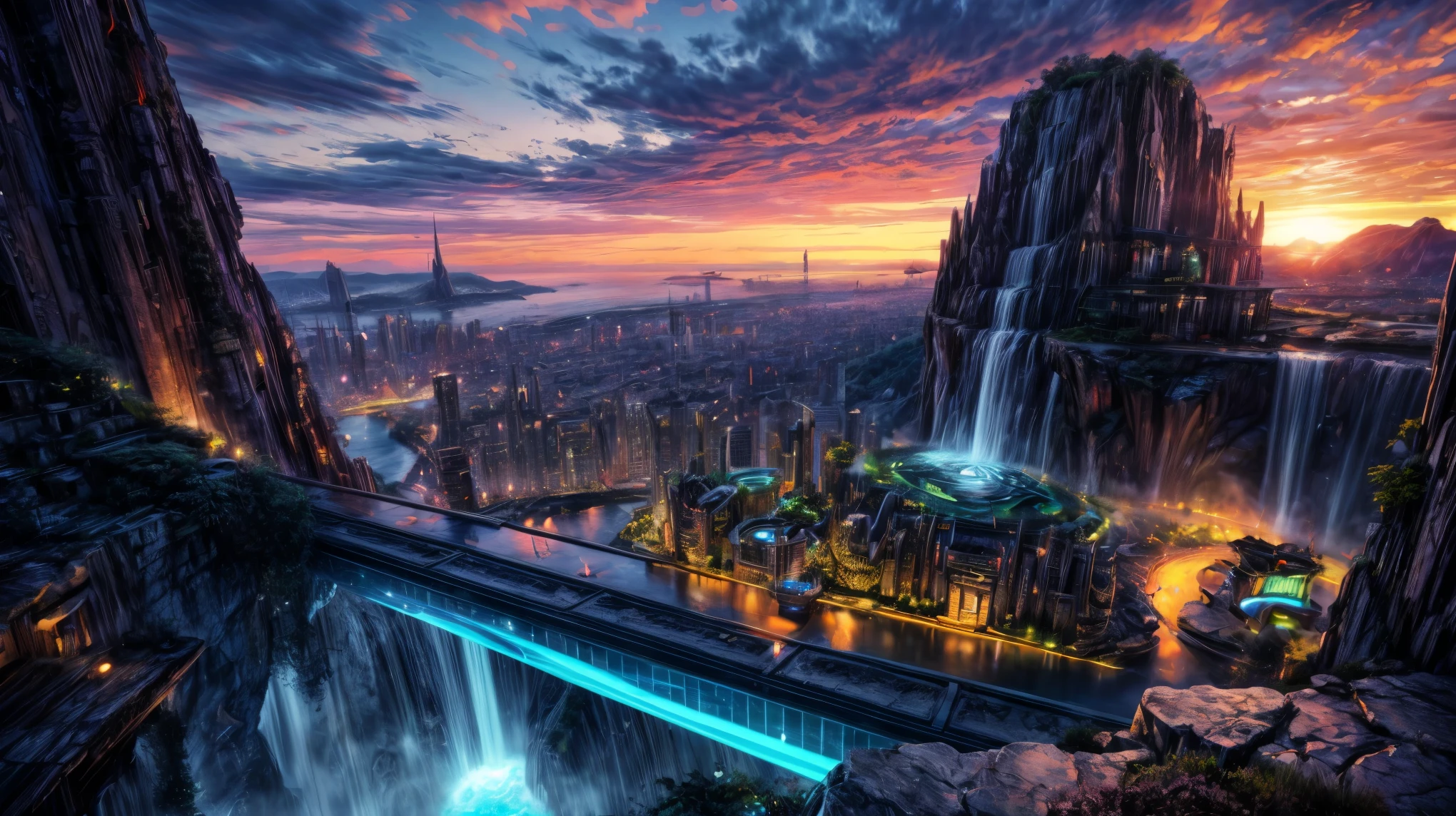 masterpiece, best quality, 16K UHD, futuristic floating city, contemplating the scenic beauty, a girl in a futuristic outfit with short bobbed hair, ultra-detailed, photo-realistic, huge urban high-tech tablet platform, advanced architecture blending seamlessly with nature, surrounded by small airships and colorful lights, transparent pathway leading to the building, lush greenery and cascading waterfalls, epic sunset illuminating the magnificent skyline, sparkling river reflecting the vibrant colors, minimalist design with harmony and sustainability,