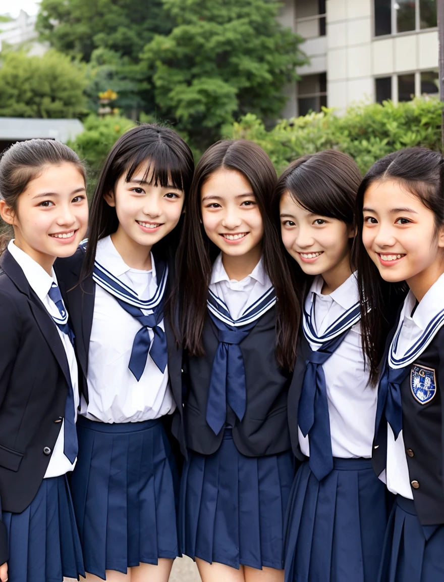 japanese school uniform、high school girl、a look full of compassion、18-year-old、7 head and body、Everyone is good friends、black hair、sailor suit、beautiful girl、bounce、