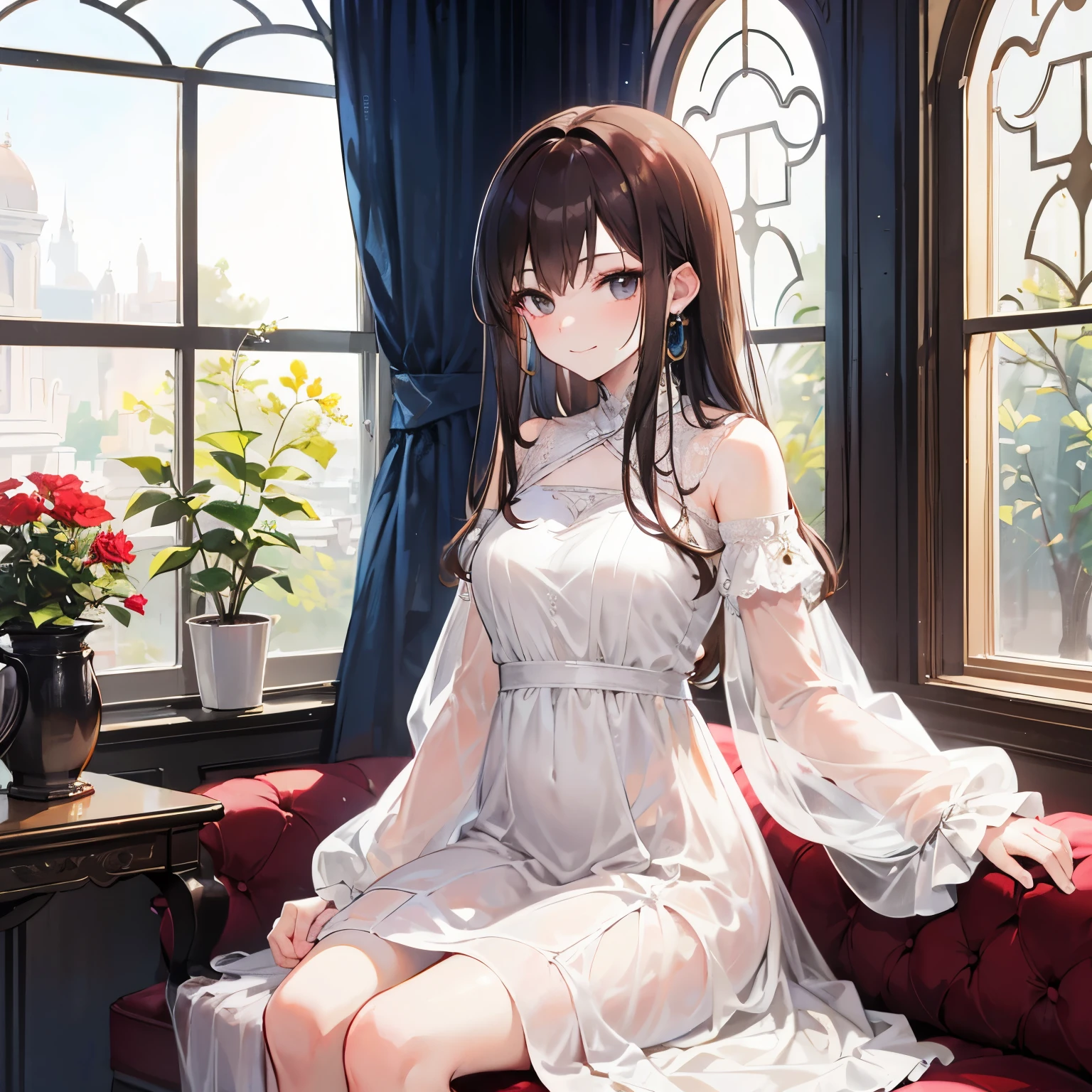 prompt: 8K resolution, delicate features, 1 girl, arrogant, a teasing smile, chest-length hair, brown hair, ((Cream dress)), long sleeve, Chiffon dress, By the window, sitting, facing the viewer, A kind look, noon, afternoon