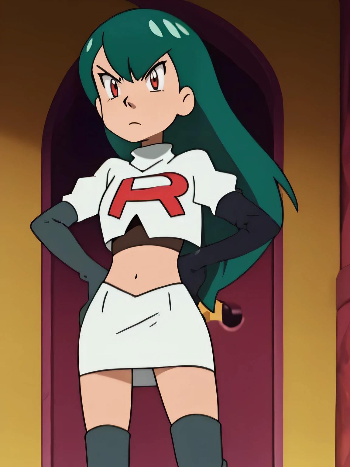 team rocket uniform, red letter r, white skirt, white crop top, black thigh-high boots, black elbow gloves, glaring angrily, looking at viewer, hands on hips, full body seen, zettai ryouiki