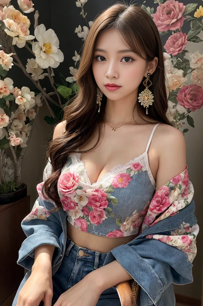 (masterpiece, highest quality, highest quality, official art, beautiful and aesthetic:1.2), (1 girl:1.3), Sitting、very detailed,(fractal art:1.1),(colorful:1.1)(flowers:1.3),most detailed,(zentangle:1.2), (dynamic pose), (abstract background:1.3), (traditional chinese cloth:1.2), (shiny skin), (lots of colors:1.4), ,(earrings:1.4), (whole body:1.5)、beautiful eyes, bare shoulders, huge cleavage, beautiful woman with perfect body