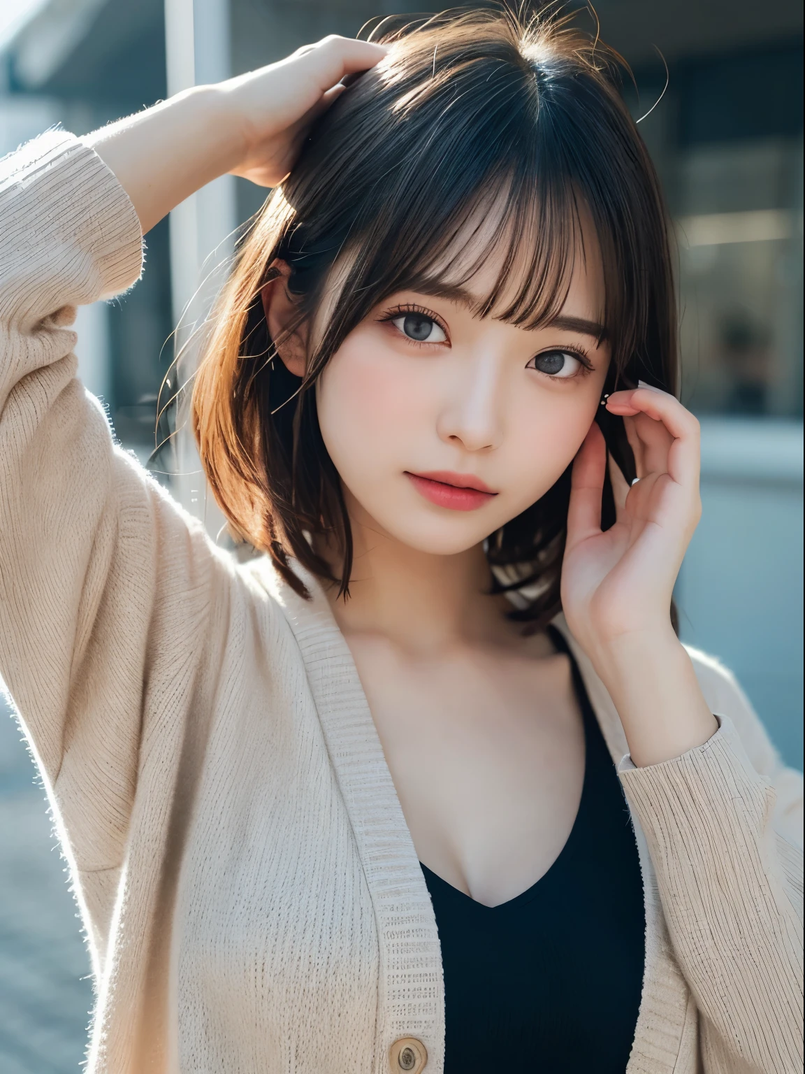 Detailed details,、hight resolution、hightquality、Perfect dynamic composition、Beautiful detailed eyes、short-hair、Small breasts、Natural Color Lip、Kamimei、Shibuya、20 years girl、1 persons、Transparent skin、Glowing hair、masutepiece、Best Quality、finely detail、hight resolution、8K、The correct state of the human body、randome pose、Gravure Model Pose、onepiece、cardigan、Hair soaring in the wind