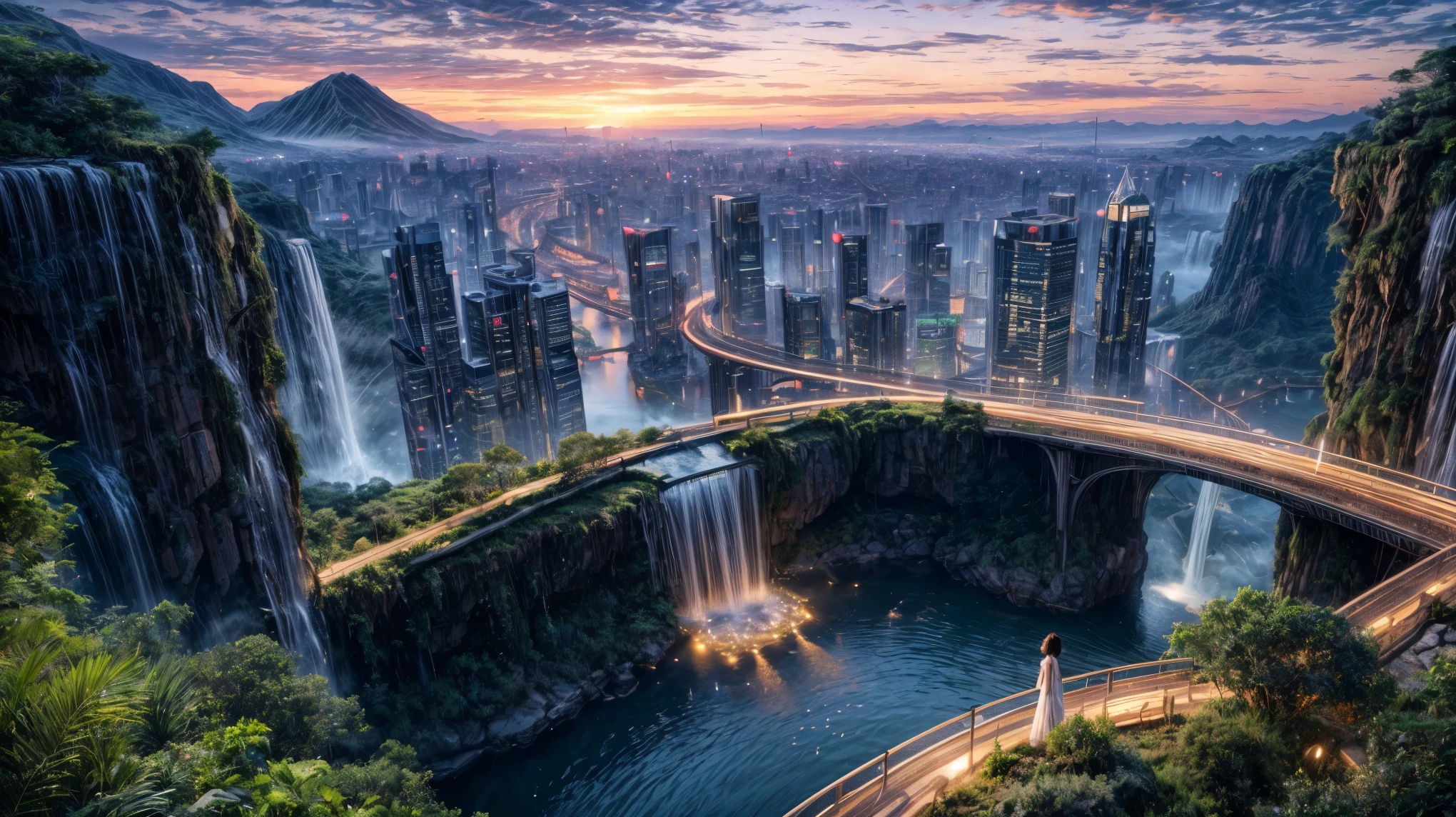 masterpiece, best quality, 16K UHD, futuristic floating city, contemplating the scenic beauty, a girl in a futuristic outfit with short bobbed hair, ultra-detailed, photo-realistic, huge urban high-tech tablet platform, advanced architecture blending seamlessly with nature, surrounded by small airships and colorful lights, transparent pathway leading to the building, lush greenery and cascading waterfalls, epic sunset illuminating the magnificent skyline, sparkling river reflecting the vibrant colors, minimalist design with harmony and sustainability,