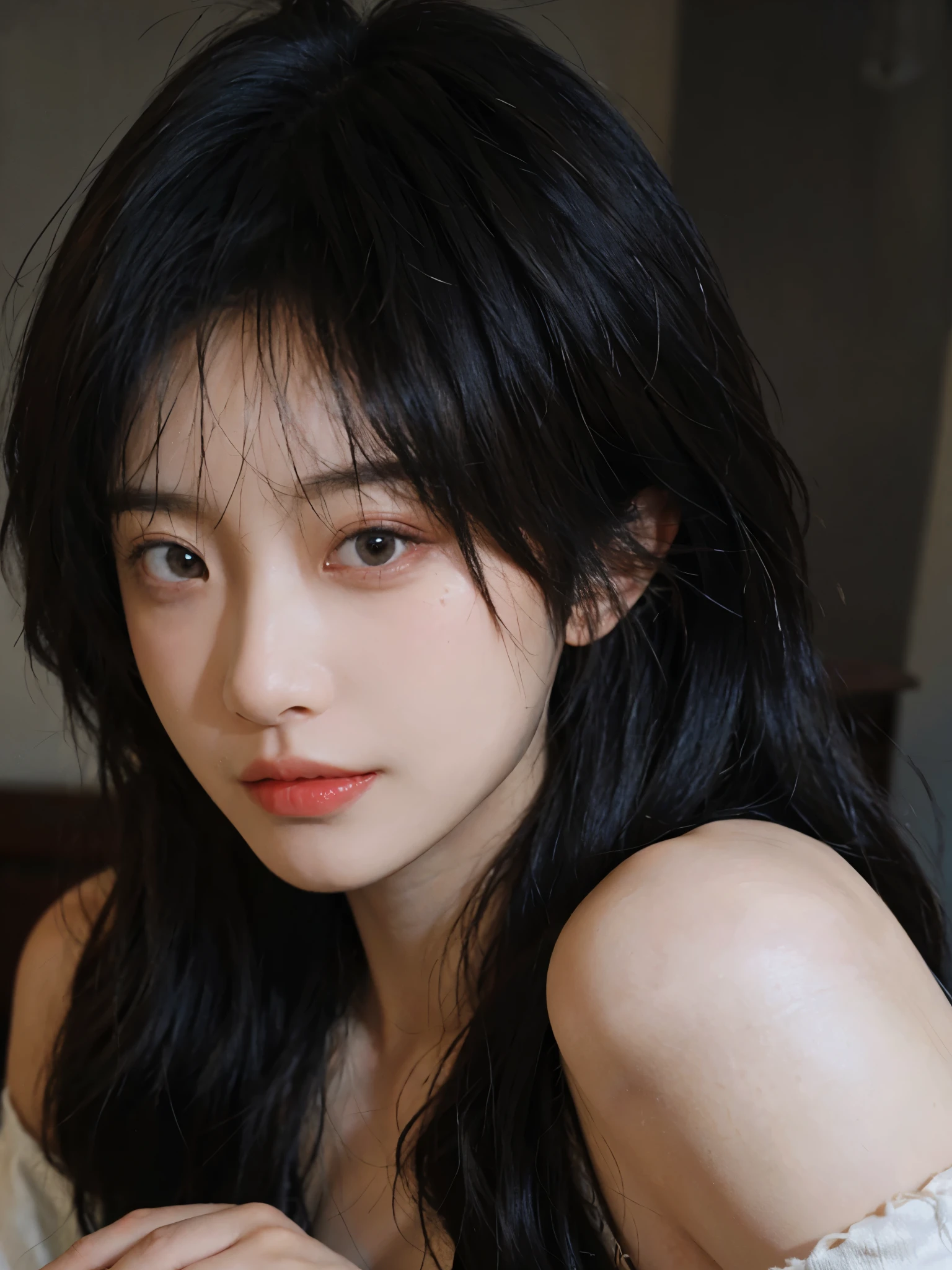 Film portrait photography, 1 girl, bare shoulders, Shoulder length wavy hair, serene, calm, (Realistic and detailed eyes, natural skin texture, Realistic facial details), Soft dramatic lighting, depth of field, Bokeh, Vibrant details, detailed meticulous, hyper-realistic, 35mm film, hazy, ,