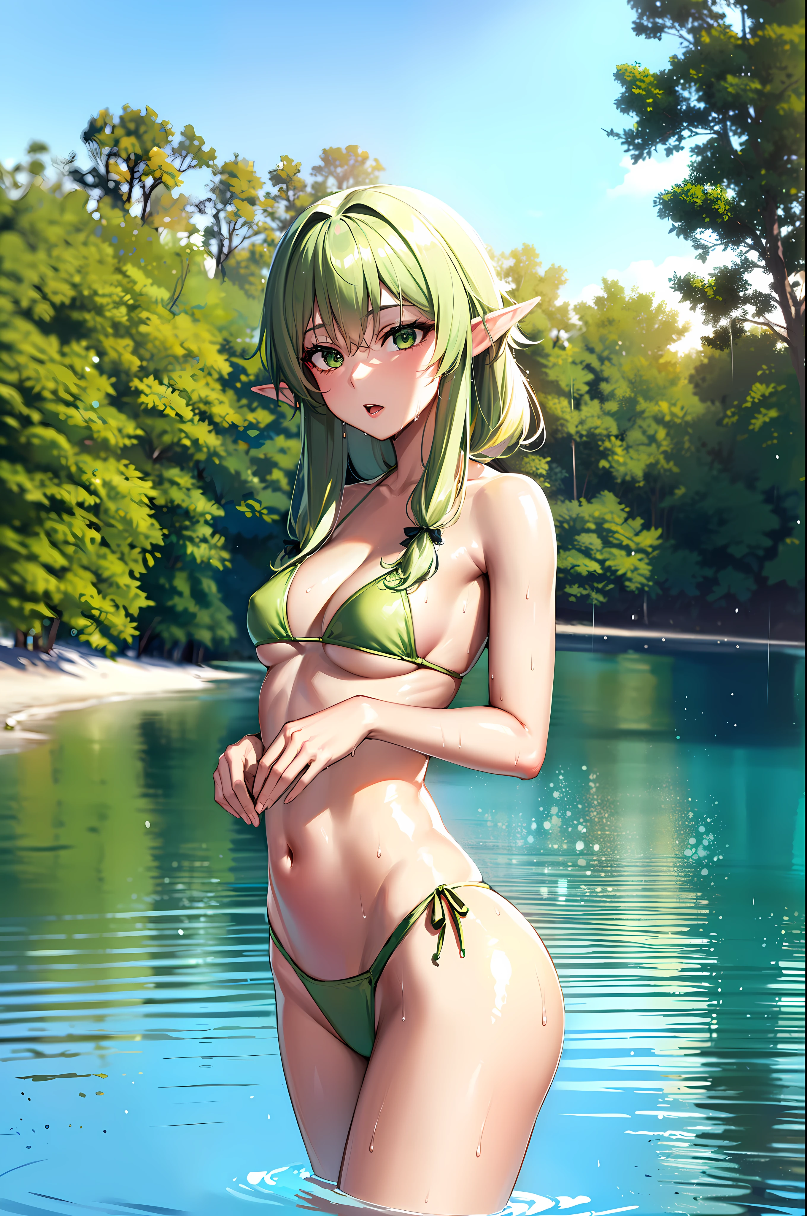 highelfarcher, high elf archer, elf, (green eyes:1.5), green hair, hair between eyes, long hair, pointy ears, side lock, elf, ,looking at viewer, (Beach_background:1.4), break (masterpiece:1.2), best quality, high resolution, unity 8k wallpaper, (illustration:0.8), (beautiful and delicate eyes:1.6), very detailed face, perfect lighting, Highly detailed CG, (perfect hands, complete anatomy), (sexy:1.4), (cute_chest), alone, 1 woman ,standing, (cowboy_firing:1.3), (green_bikini:1.4) , (standing in the water:1.3) , (wet:1.4)