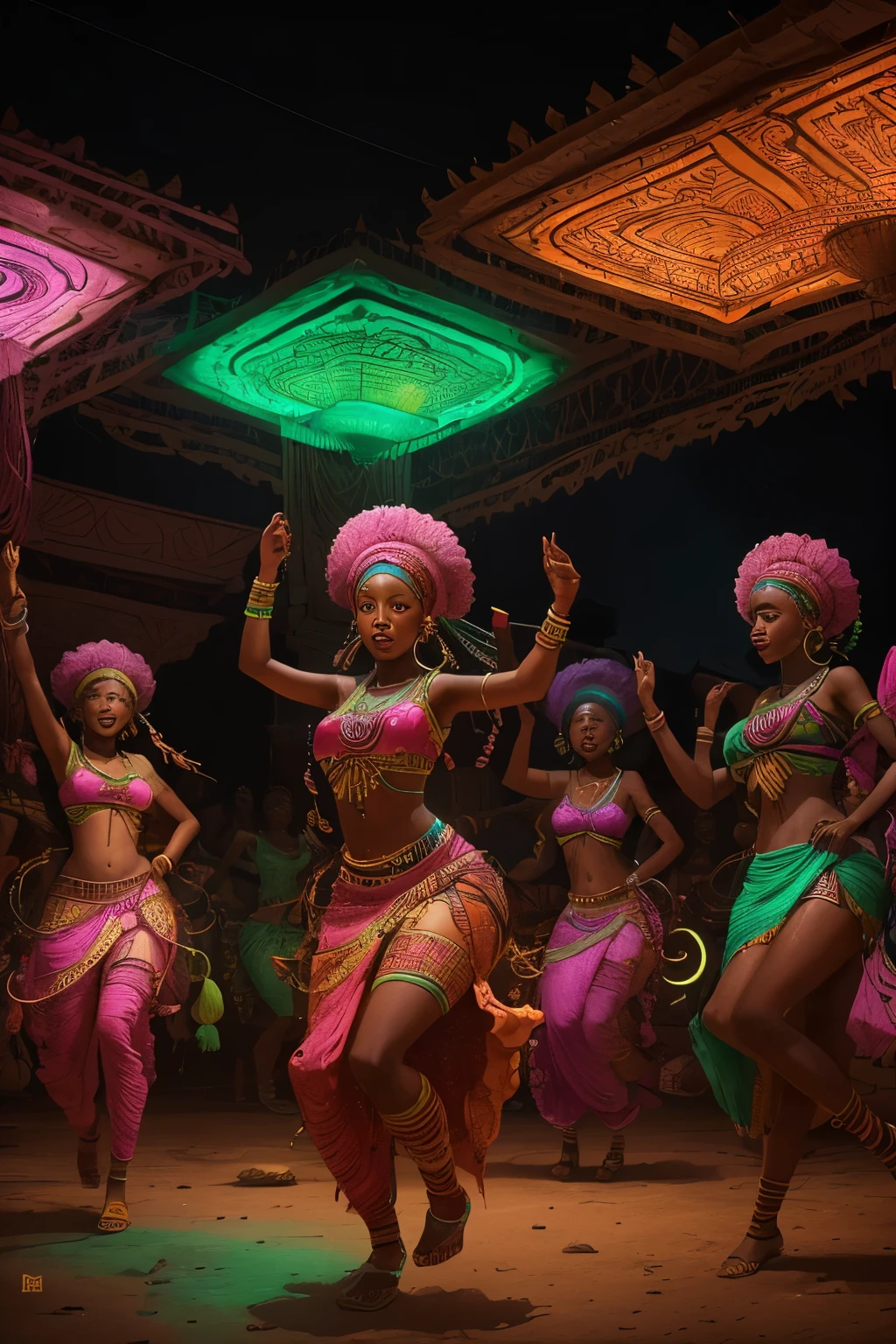In this captivating wide angle shot, a lively group of African women dance under the enchanting glow of neon lights in an empty, open space. Surrounding them are the rhythmic beats of African drums and breathtaking African sculptures, deeply rooted in the rich cultural heritage of the continent. The women are adorned in intricately designed African clothes, accessorized with vibrant beads that catch the light and shimmer in unison with their movements.

Behind the dancers, the neon lights paint the background with explosions of green and pink, creating a mesmerizing contrast with the rain that falls gently around them. Every facial expression, from the smiles on their