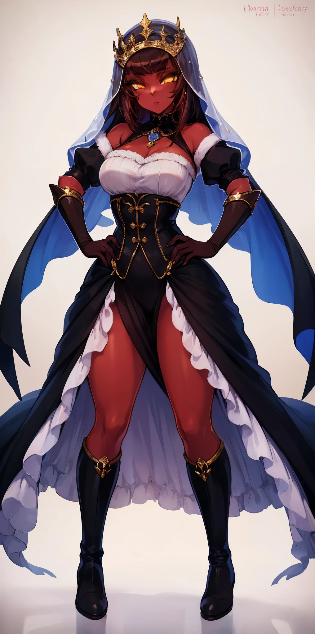 full body of a woman in a dress with a veil, feet together, standing feet together, militar boots, beautiful fantasy maiden slave warrior, beautiful fantasy art portrait, fantasy victorian art, medieval fantasy art, beautiful and elegant queen Roxxane, portrait of queen of light, fantasy portrait art, gothic fantasy art, a beautiful fantasy empress, ((white background)) hands on hips