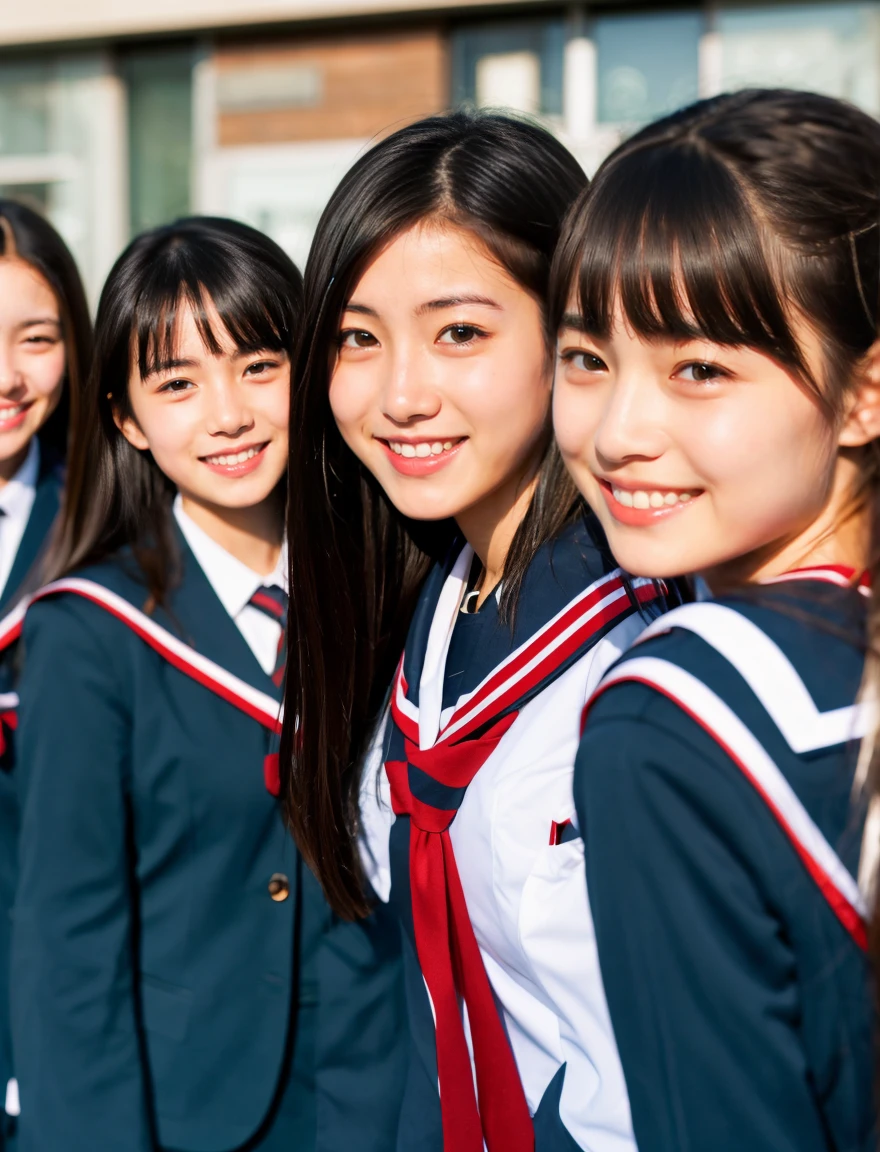 japanese school uniform、high school girl、Normal look、18-year-old、7 head and body、Everyone is good friends、black hair、sailor suit、beautiful girl、bounce、
