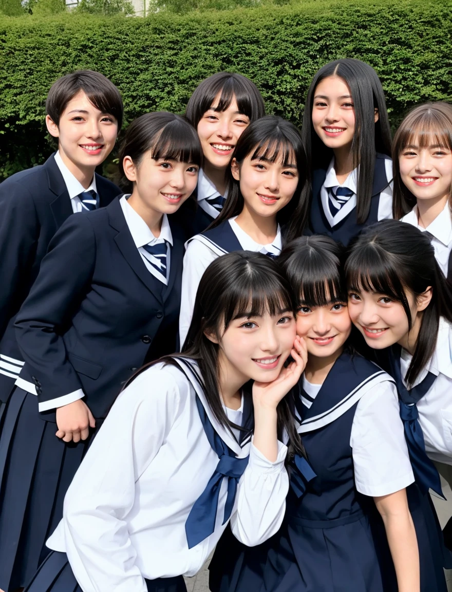 japanese school uniform、high school girl、Normal look、18-year-old、7 head and body、Everyone is good friends、black hair、sailor suit、beautiful girl、bounce、