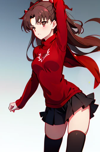 tohsaka-rin, (red sweater:1.5), skirt, sweater, Thighhighs, turtleneck