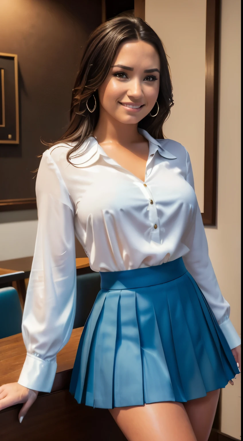 Foto hiperrealista en primer plano de Demi Lovato, masterpiece, best quality, (photorealistic:1.4), full body, (white blouse:1.2), (blue pleated blue skirt below the knees:1.1), heels, coffee shop, cinematic light, beautiful woman, skinny, large breasts, straight brown hair, detailed face, smile, photo taken from a distance, age 20 tears old
