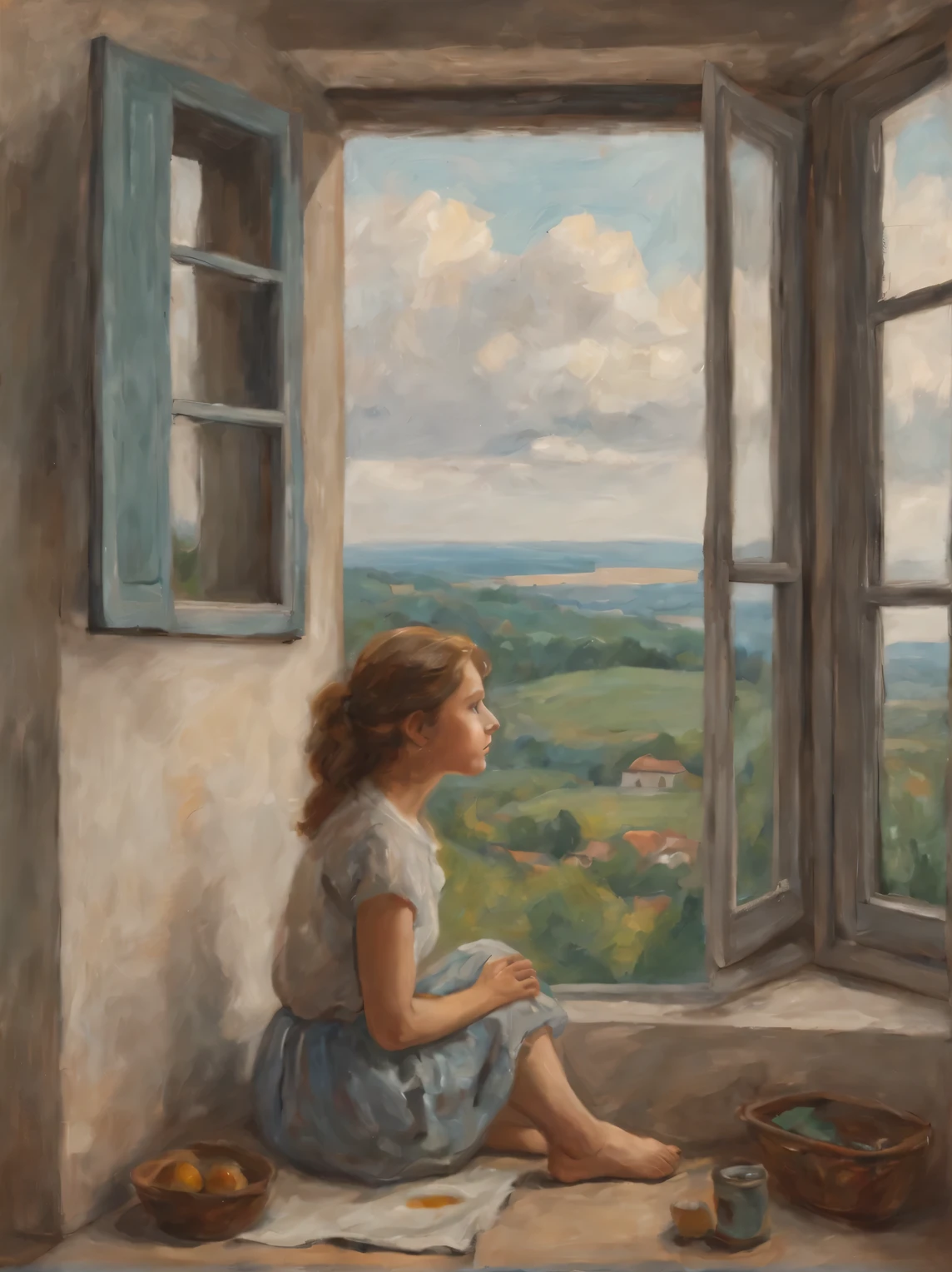 A girl sits on the windowsill near an open window, with his head on his knees., You can see the road through the open window, going to the horizon, girl waiting on the windowsill, drawing, oil, canvas