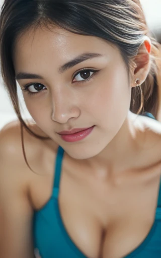 Highly detailed CG Unity 8k wallpaper, of the highest quality, super detailed, masterepiece, Realistic, photographrealistic, extremely detailed cute girl, 25 age, instars, Large breasts , cleavage , (get sweaty) , Round eyes, viewer, blush, Smile, Parted lips, Half body shot , red spprt bra , Panties , Squad, training gym, detailed eyes (sleepy, tired,satisfied), look to camera