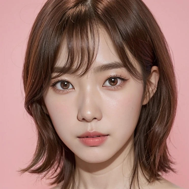 un primer plano de una mujer con un fondo rosa y un fondo rosa, sol yunjoo, kim doyoung, heonhwa choe, aparcar desde-min, Con pelo corto, lee ji-eun, lee ji - eun, korean symmetrical face, Shin Min Jeong, Ayaka, Sui Ishida, jaeyeon nam, kwak ji joven