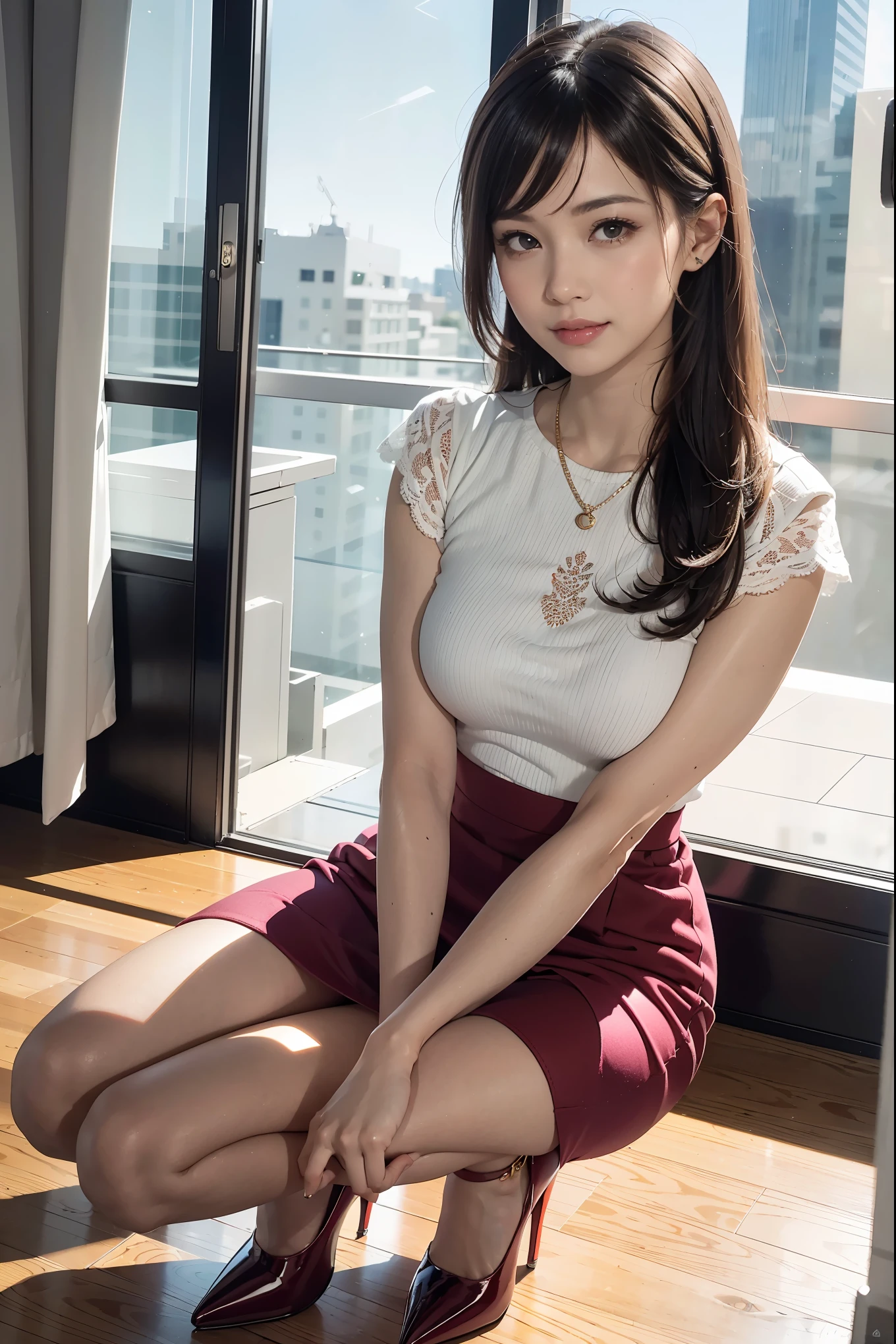 (Best Quality, Masterpiece, Photo realistic, Ultra Detailed, ultra high res, raw:1.3), (3 girls:1.3), beautiful, Japanese, mature, 28yo, office workers, (tight lace knit, short skirt), ({gold| silver| wine red| navy| pink| yellow} clothes), (smile), (bangs), high-waist, necklace, (office, indoor, glass-paned room), (long legs, high heels, full body:1.2), (big breasts:1.3), (crowd)