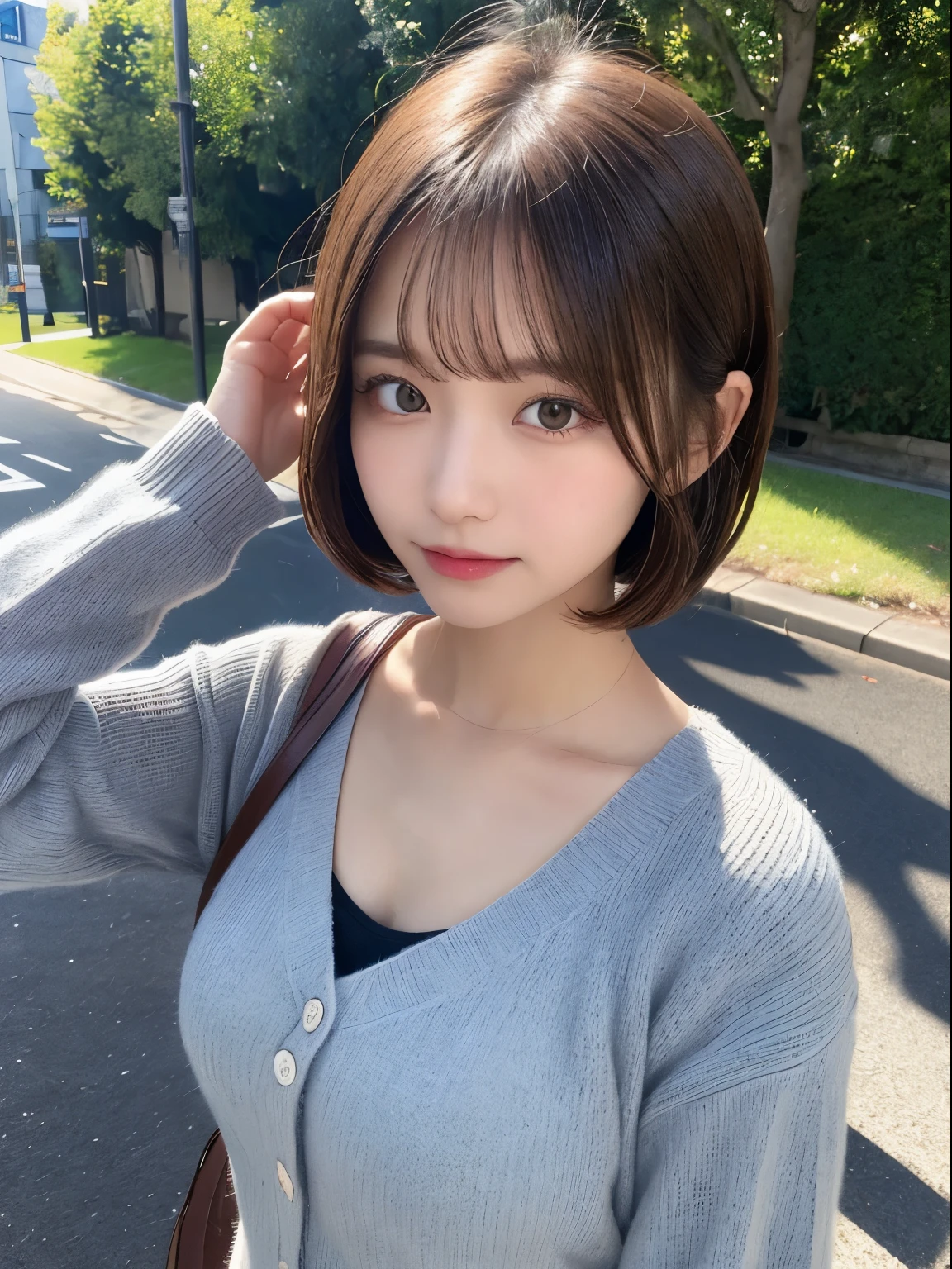 Detailed details,、hight resolution、hightquality、Perfect dynamic composition、Beautiful detailed eyes、short-hair、Small breasts、Natural Color Lip、Kamimei、Shibuya、20 years girl、1 persons、Transparent skin、Glowing hair、masutepiece、Best Quality、finely detail、hight resolution、8K、The correct state of the human body、randome pose、Gravure Model Pose、onepiece、cardigan、Hair soaring in the wind