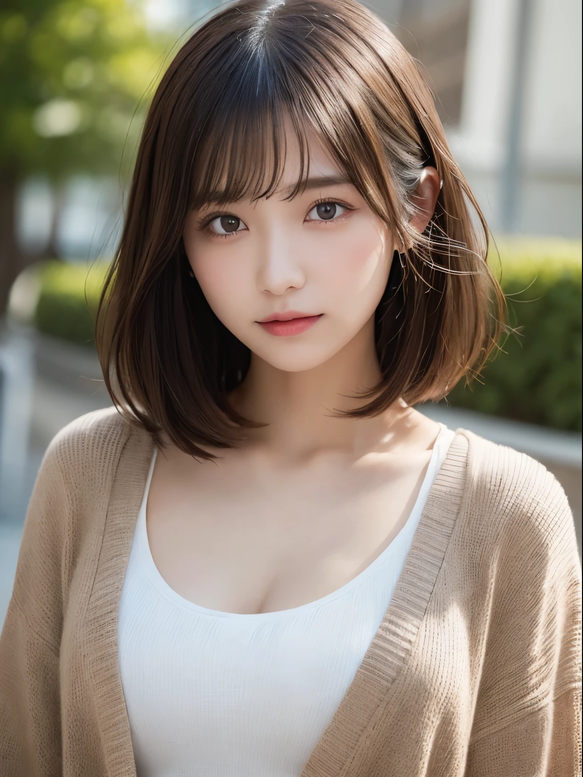 Detailed details,、hight resolution、hightquality、Perfect dynamic composition、Beautiful detailed eyes、short-hair、Small breasts、Natural Color Lip、Kamimei、Shibuya、20 years girl、1 persons、Transparent skin、Glowing hair、masutepiece、Best Quality、finely detail、hight resolution、8K、The correct state of the human body、randome pose、Gravure Model Pose、onepiece、cardigan、Hair soaring in the wind