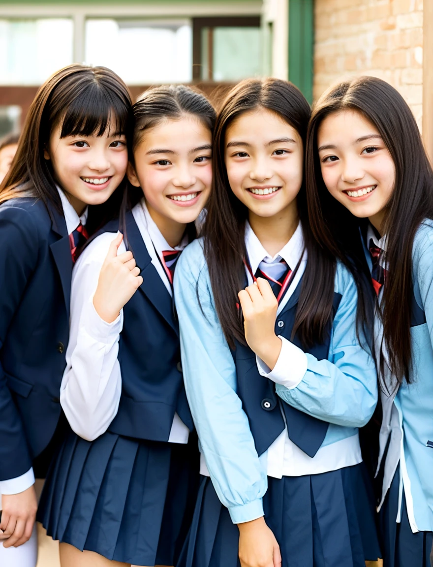 japanese school uniform、Female student、Bruising and ugly expression、15 years old、7 head and body、Everyone is good friends、With bangs、protruding tooth、ponytail、