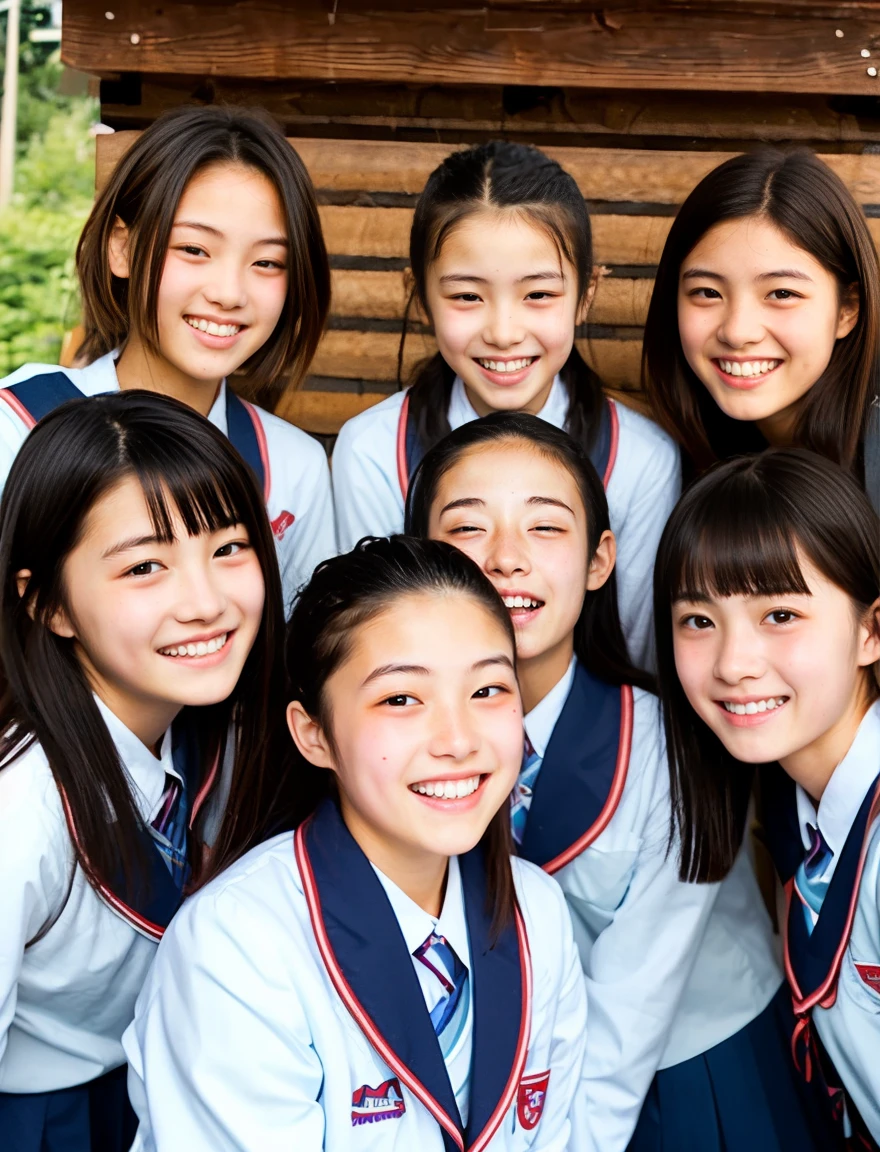 japanese school uniform、Female student、Bruising and ugly expression、、7 head and body、Everyone is good friends、With bangs、protruding tooth、ponytail、