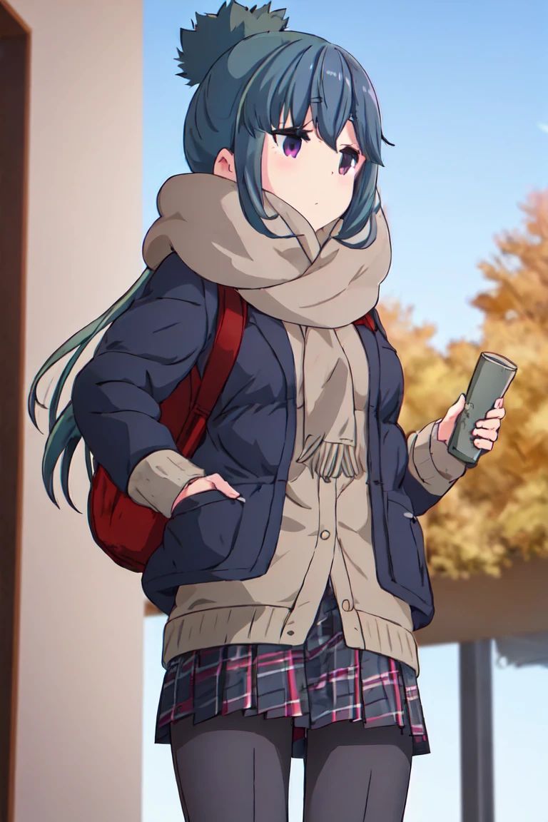 highest quality, masterpiece, High resolution, alone, {Shima_Also_yuru camp:1.15},( green_hair), purple_eye, closed_mouth, single_hair_good, hair_good, 1 girl, 前hair, blurry, blurry_background, (Motosu High School Girls Uniform Winter Clothes:1.3、Grey plaid skirt)、(lift up skirt、cute pants)
