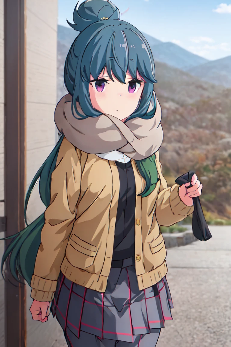 highest quality, masterpiece, High resolution, alone, {Shima_Also_yuru camp:1.15},( green_hair), purple_eye, closed_mouth, single_hair_good, hair_good, 1 girl, 前hair, blurry, blurry_background, (Motosu High School Girls Uniform Winter Clothes:1.3、Grey plaid skirt)、(lift up skirt、cute pants)