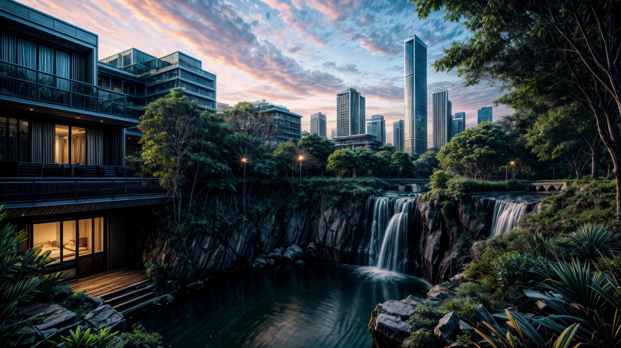 masterpiece, best quality, 16K UHD, futuristic floating city, contemplating the scenic beauty, a girl in a futuristic outfit with short bobbed hair, ultra-detailed, photo-realistic, huge urban high-tech tablet platform, advanced architecture blending seamlessly with nature, surrounded by small airships and colorful lights, transparent pathway leading to the building, lush greenery and cascading waterfalls, epic sunset illuminating the magnificent skyline, sparkling river reflecting the vibrant colors, minimalist design with harmony and sustainability,