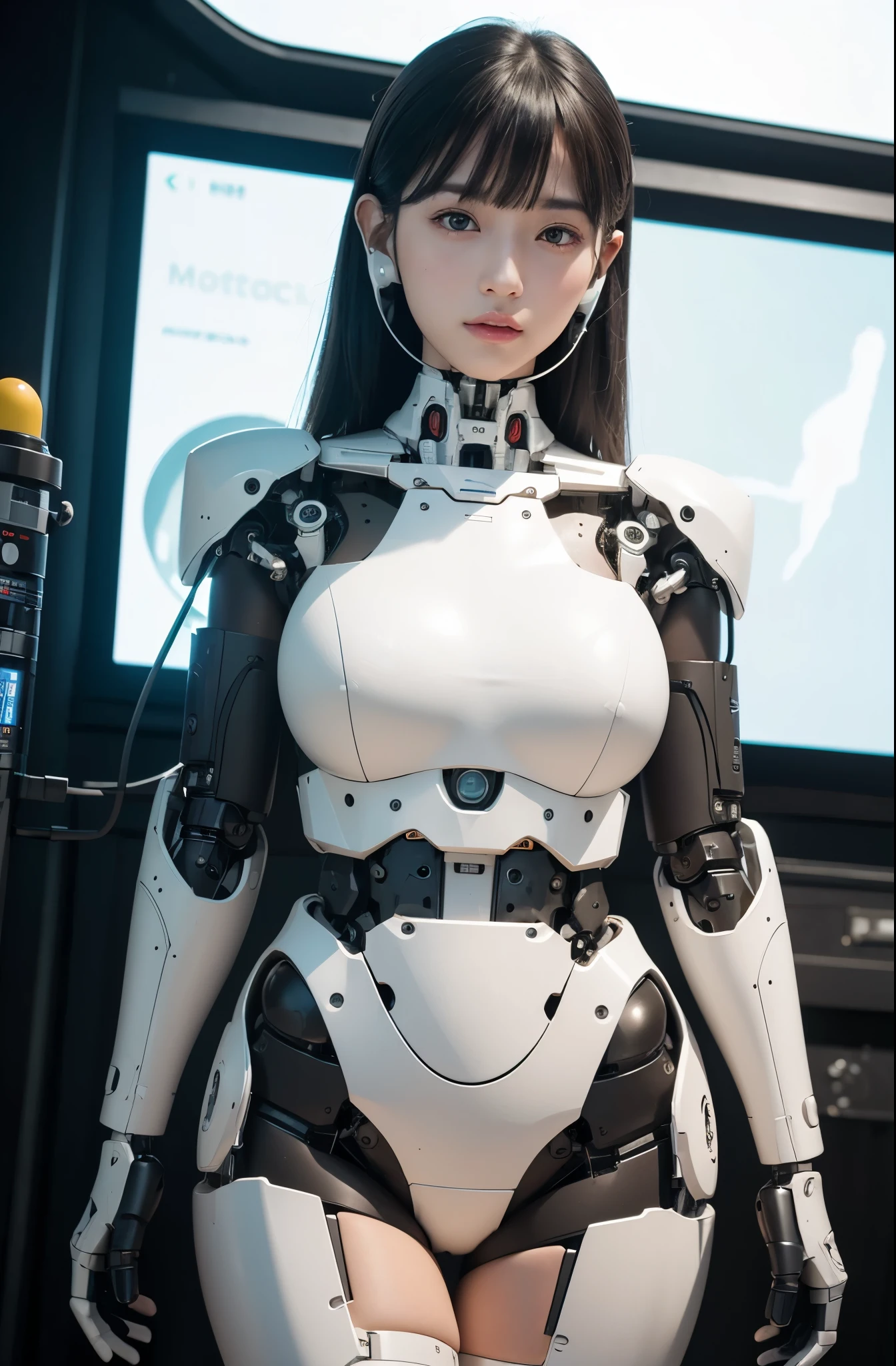 (photorealistic:1.4), (RAW photo)masutepiece, Best Quality, Extremely detailed, (Photorealistic:1.4), (8K, 4K, Best Quality, hight resolution, 超A high resolution:1.1), 8K portrait,1woman in, Japaese android woman,Plump , announcer,control panels,android,Droid,Mechanical Hand, ,Robot arms and legs, Black hair,Mechanical body,Blunt bangs,White Robotics Parts,perfect robot woman,Charging spot,Long Tube,A thick cable was connected to her neck,ceramic body ,Mechanical body, mechanical ear covers,android,robot humanoid,a bit chubby,panty,full eyes,She is exhibits,perfect mechanical body,white robotics body,future laboratory,mechanical ear cover,