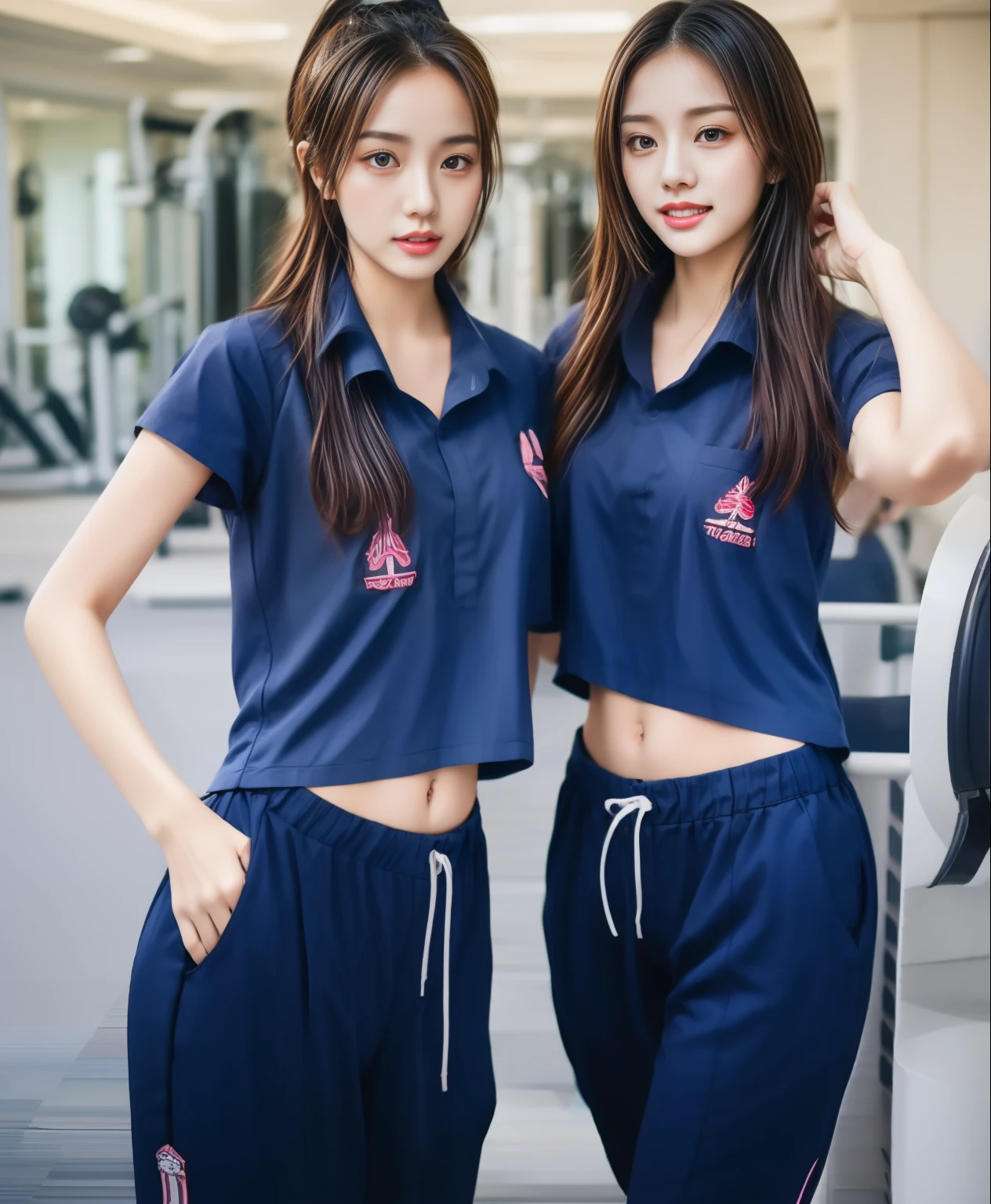3 girls in fitness center, Navy blue short-sleeved shirt,Navy Long Trackpant,Sweatpants, Sweatpantsขายาว,25 year old girl, lesbian, sexy, exercise clothes, wet body, exercise clothes