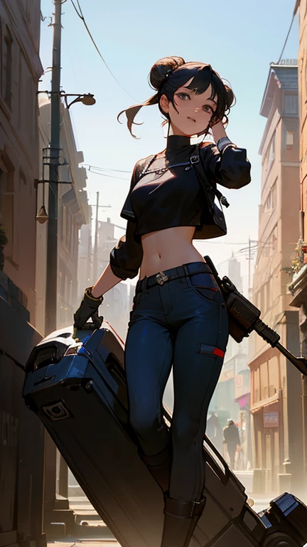 Samdoesarts; Retrato de medio cuerpo galardonado de una hermosa mujer con un croptop y pantalones cargo, botas militares, De pie en la calle leve sonrisa,  Salpicaduras de pintura, Hair in a bun, salpicar, Running more than, vaporizador,  arte digital, tendencia en artstation, muy detallado, buen detalle, intrincado por Jeremy Mann, matth�us merian the elder, pino daeni, Robert Rauschenber, por beksinski