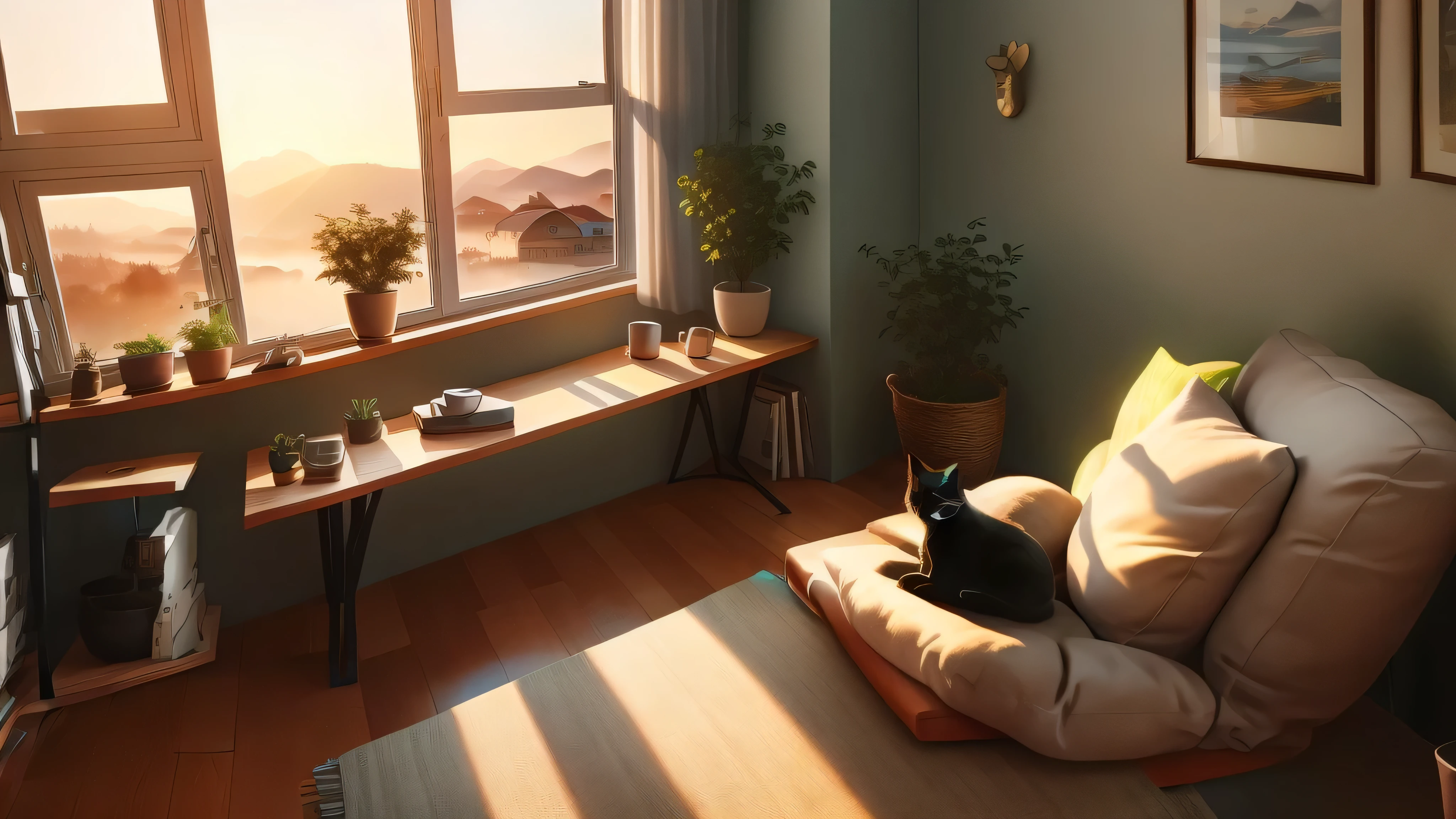 A cat is sitting on a desk in front of the window, Cozy home background, Home Office interior, Home Office, relaxing environment, relaxed atmosphere, Cozy place, Soothing and cozy landscape, personal room background, cozy environment, calm afternoon, picture of a loft in morning, calm environment, Cozy living room background, Animation style rendering, Stylized digital illustration