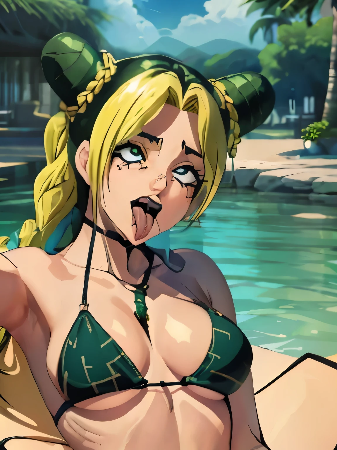 jolyne, big breasts, bikini
(((shiny hair, shiny skin))) ((sticking out tongue))