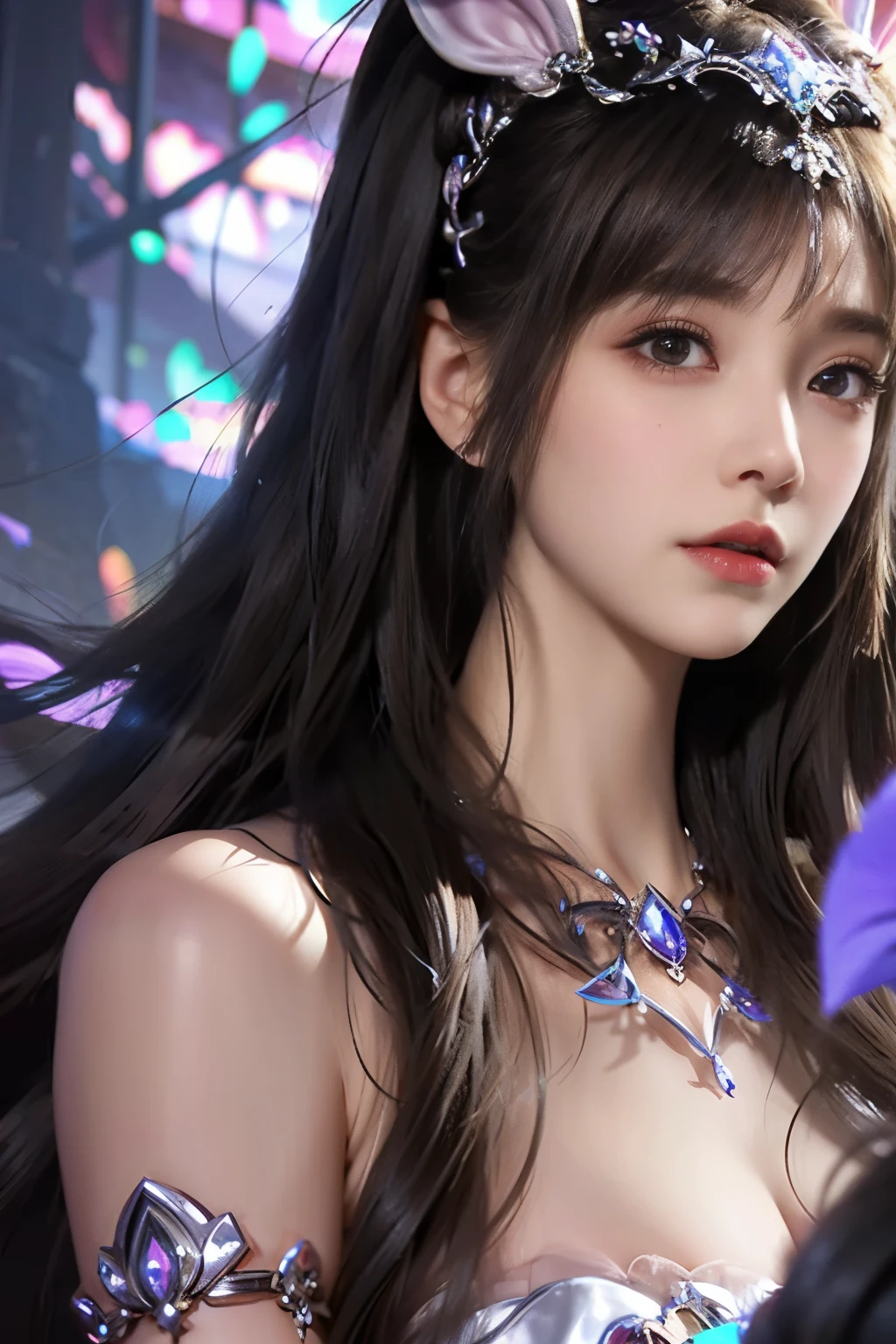 Close-up of a woman with rabbit ears and a sword, Queen of the Sea Mu Yanling, Zodiac Girl Knight Portrait, Lineage 2 style, Smooth anime CG art, Game CG, beautiful fantasy queen, Complex and gorgeous anime CGI style, drank, Close up view of goddess, anime goddess, dead, Realistic anime girl rendering,huge breasts,Larger breasts,amazing breast size,Expose cleavage,Naked breasts,Extensive nudity