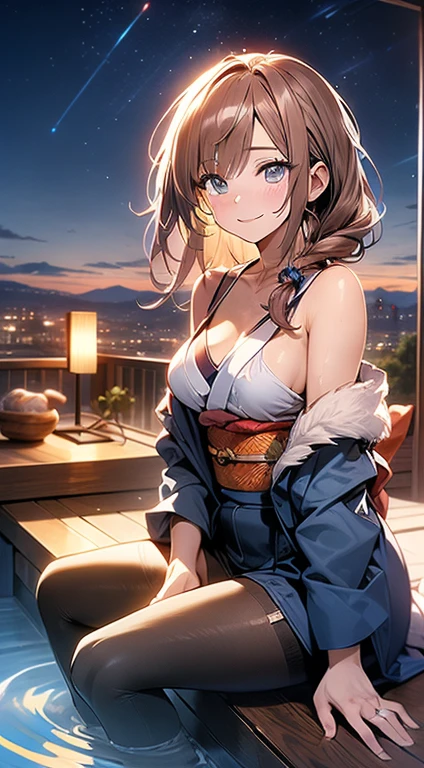 ((masterpiece, best quality, high resolution, ultra high definition, Pixel perfect, depth of field, 4K, RTX, human development report))), 1girl in, single, alone, Beauty、see whole body、 ((long hair, Short Liuhai, reddish brown hair)), ((blue eyes, beautiful eyelashes, realistic eyes)), ((Detailed face, blush:1.2)), ((smooth texture:0.75, lifelike质感:0.65, lifelike:1.1, Anime CG style)), medium breasts, Perfect body, (( Japanese kimono, bare shoulders ,Black tights)), Smile, Charming sitting posture, Hot springs (wind blows hair,bare shoulders、exposing her chest、Black tights) , It snows at night , hot spring naked bath