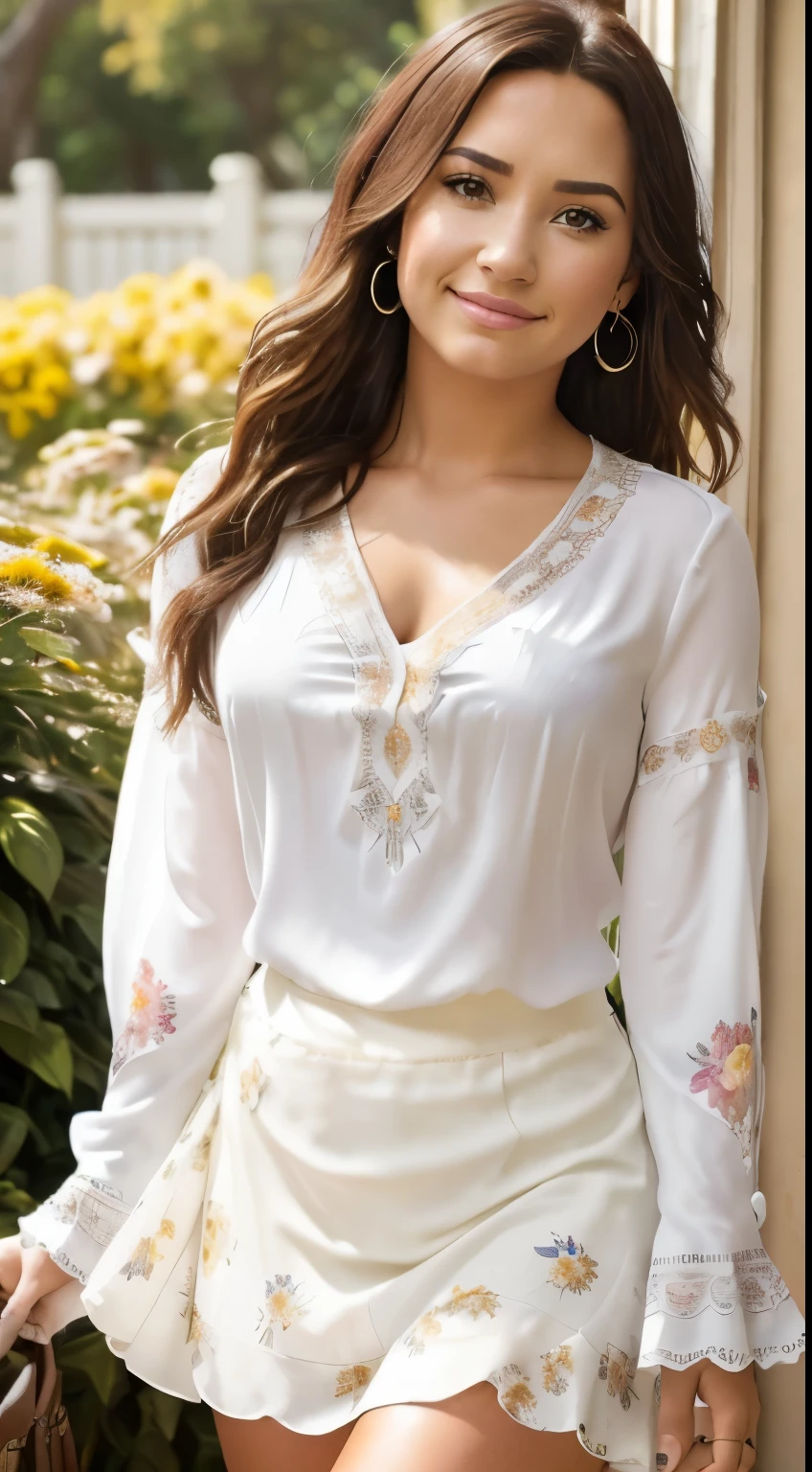 Foto hiperrealista en primer plano de Demi Lovato, masterpiece, best quality, (white Casual Boho Floral Blouse Shirts V Neck Long Puff Sleeve Lightweight Chiffon:1.2), (white fall skirt:1.1), heels, garden, sunny day, cinematic light, beautiful woman, skinny, large breasts, straight brown hair, detailed face, smile, photo taken from a distance, age 20 tears old