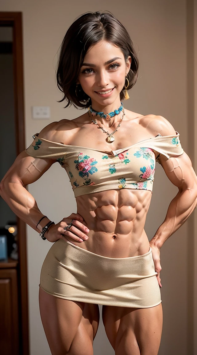 (Muscular:1.9), (thick muscular thighs, wide hips:2), (latina female, tan skin:1.5), (bangs), wearing glasses, earings, eyeshadow, lipstick, bokeh, (freckles:0.9), (upper body view), (striations), (hard nipples:1.1), (small perky breasts:1.4), choker, (Off-the-shoulder mini dress in a bright floral print, tassel necklace:1.5), (sculped muscles:1.4), detailed eyes, (athletic body:1.3), (muscular body:1.9), (looking at viewer), (smile, naughty look:1.5), dark bedroom, (dawn lighting), rim lighting, two tone lighting, dimly lit, clean skin, low key (DETAILED SKIN)