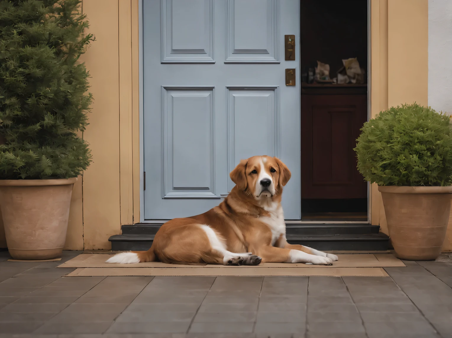 Photo Canon EOS 6D Mark II RF 24-70 mm F2.8L IS USM with the image of a sad dog, sitting on the street in front of a closed door., The dog has very sad eyes, the dog looks at the closed door and waits, dog sitting, side view, high detail, Maximum photorealism, a high resolution, granularity