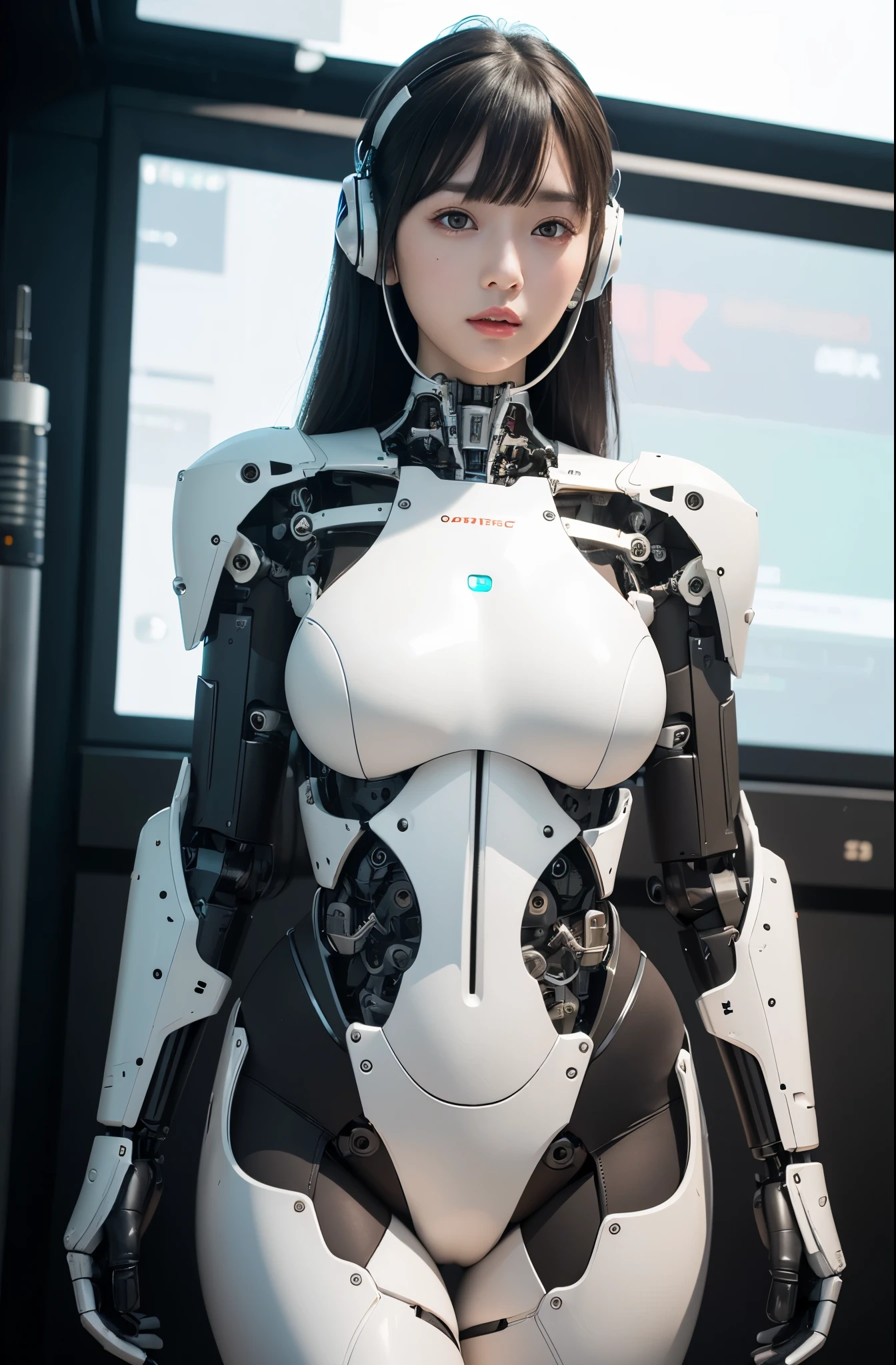 (photorealistic:1.4), (RAW photo)masutepiece, Best Quality, Extremely detailed, (Photorealistic:1.4), (8K, 4K, Best Quality, hight resolution, 超A high resolution:1.1), 8K portrait,1woman in, Japaese android woman,Plump , announcer,control panels,android,Droid,Mechanical Hand, ,Robot arms and legs, Black hair,Mechanical body,Blunt bangs,White Robotics Parts,perfect robot woman,Charging spot,Long Tube,A thick cable was connected to her neck,ceramic body ,Mechanical body, mechanical ear covers,android,robot humanoid,a bit chubby,panty,full eyes,She is exhibits,perfect mechanical body,white robotics body,future laboratory,mechanical ear cover,