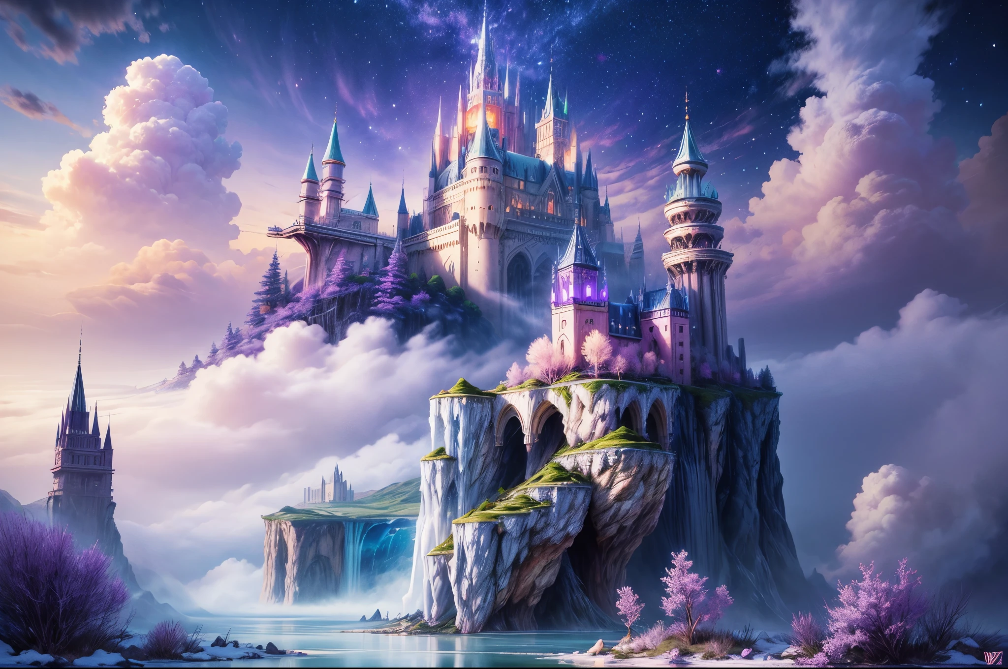 Generate a realistic fantasy landscape with beautiful, ornate romantic buildings, floating islands, crystalline waterfalls streaming from the floating islands, and a dreamy landscape of highly detailed flowers and dreamy watercolors. This is the (((romantic))) realm of the gods. (((The castles look like they are carved from shimmering marble, with distinct and complex details adding to their realism.))) Cotton candy clouds wisp into beautiful glittering stars across the colorful sky, with mesmerizing pink and purple celestial lights creating an enchanting atmosphere. Include many different levels and high visual interest. The environment is large and awe-inspiring, and this is a macro shot. The general ambience is peace, tranquility, and highly detailed sweetness. Include interesting fantasy elements with colors that complement the rest of the landscape. The sky should be very detailed. The landscape should very detailed. All buildings should be ornate with complex and intricate details. Include a luminous and magical atmosphere, magic bubbles, shimmering colors, many small fantasy details including iridescence, expertly created majestic landscapes, and shimmer and glimmer. Include lots of vibrant colors and vaguely surreal details. Camera: Utilize dynamic composition to create interest and excitement. CGI, unreal engine, unity engine, (((masterpiece))), high resolution, 8k, best quality, high quality, highres, 16, RAW, ultra highres, ultra details, finely detail, an extremely delicate and beautiful, extremely detailed, real shadow, anime, highly detailed painted, award-winning glamour painting, wonderful painting, art style, stylized