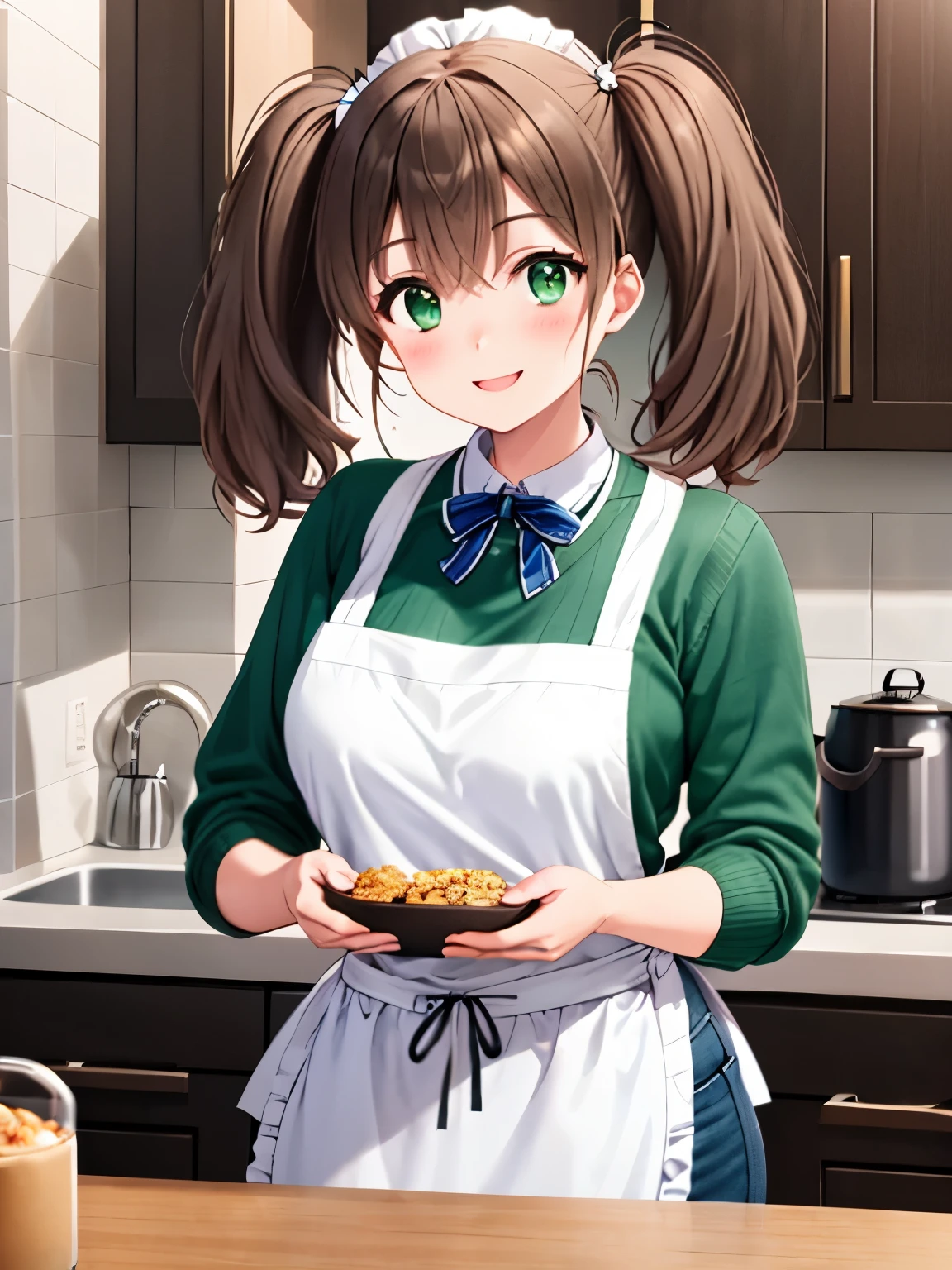 woman portrait ,tomochika、Jeans、apron、シロ色shirt、Ｔshirt、sweater　clothes,kitchen,cinematic lighting,green eyes、smile、blush、twin tails、apron、Tomochika_Dannoura、