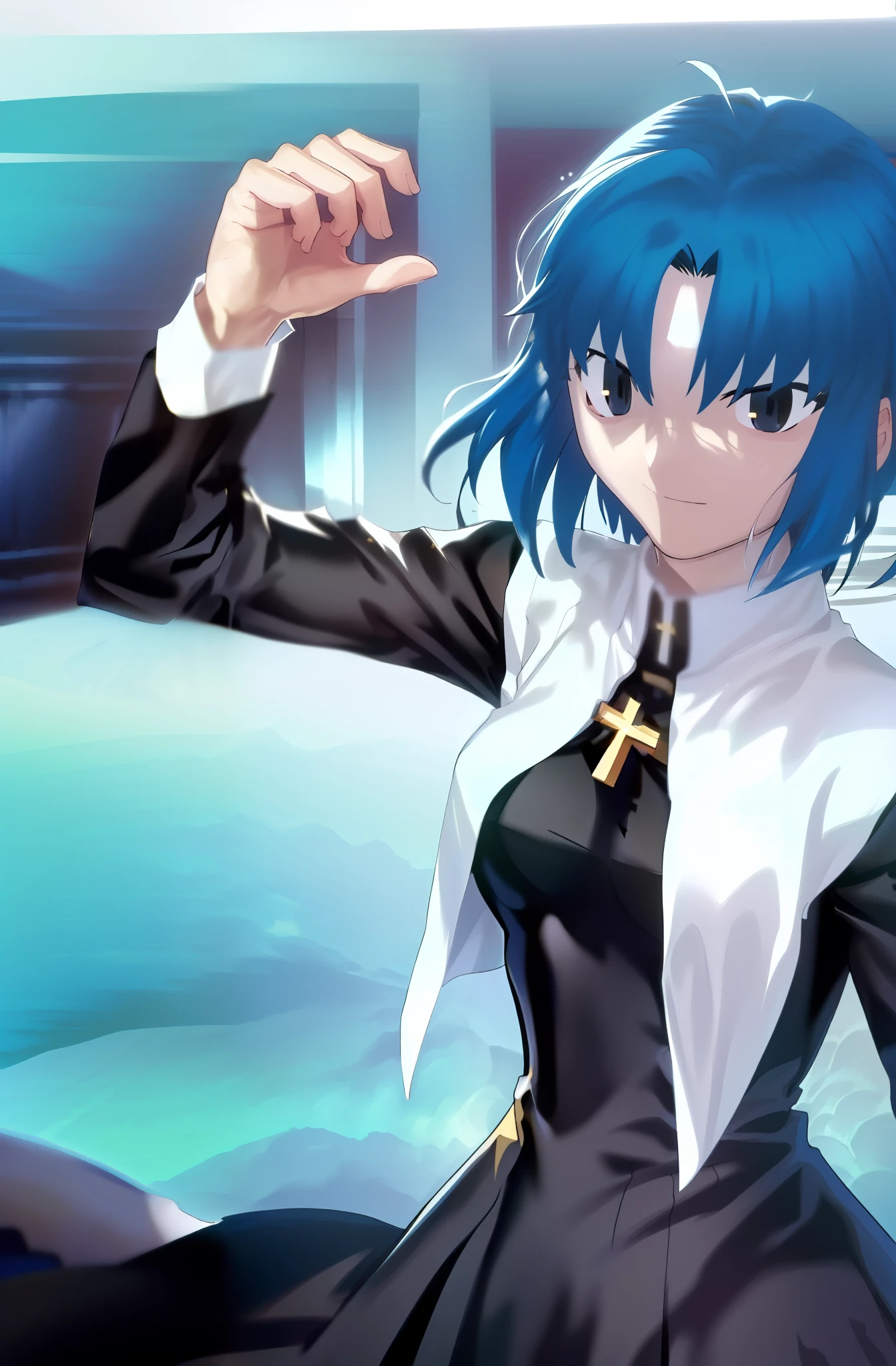 Takeuchi Takahashi, (best quality, 4k, 8k, highres,masterpiece:1.2), (ultra-detailed:1.5), ciel_(tsukihime), (long black dress:1.4), (chain:1.1), (highly detailed gold smallest latin cross:1.5), nun, symmetrical,