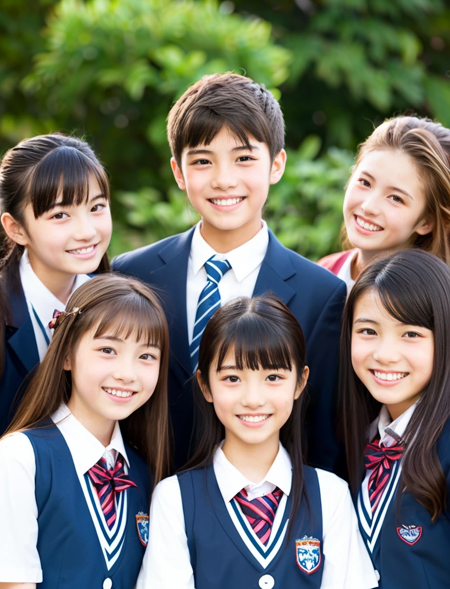 japanese school uniform、Female student、Normal look、15 years old、7 head and body、Everyone is good friends、With bangs、protruding tooth、ponytail、
