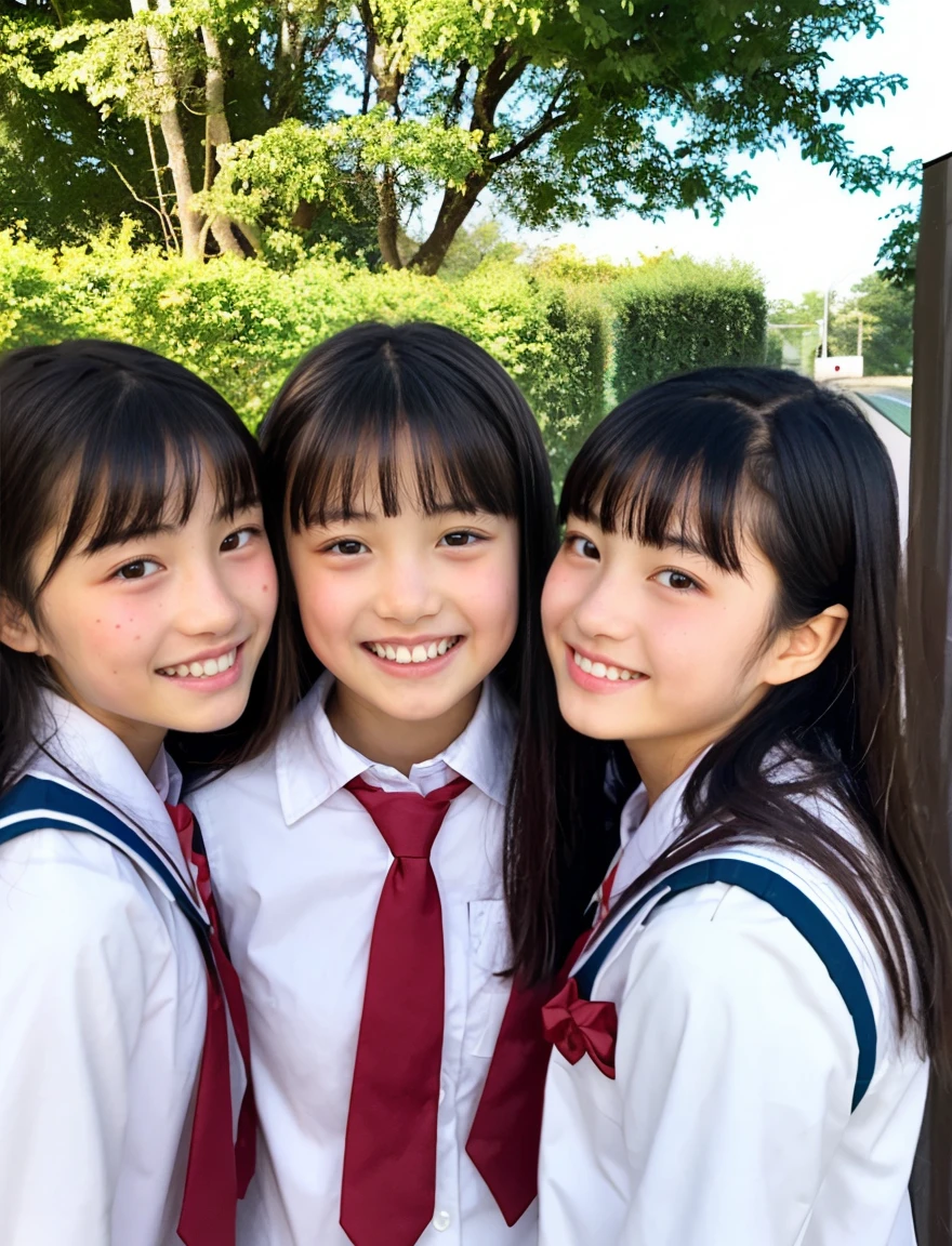 japanese school uniform、Female student、Normal look、15 years old、7 head and body、Everyone is good friends、With bangs、protruding tooth、ponytail、