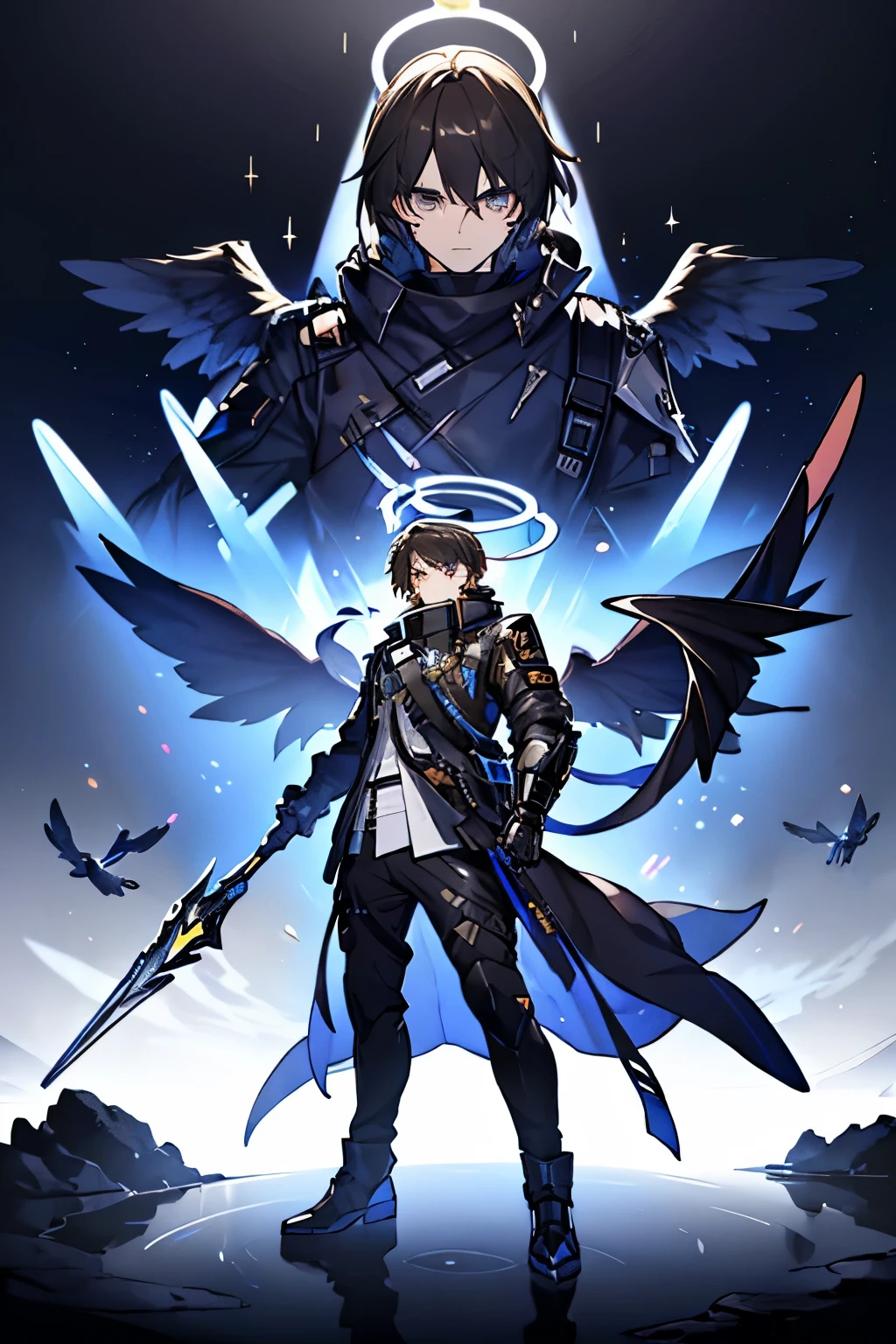 (masterpiece), best quality, 1boy, 1guy, solo, arknights design, arknights operator, (DARK HAIR, REALLY DARK HAIR, BLACKISH HAIR, black hair, SAPPHIRE EYES, LAPIS EYES, NAVY EYES, blue eyes), dark plastic armor, grey armor, rhodes island armor, knight, (sankta, glowing halo, holographic angular shaped wings, holographic wings, angular wings, halo), (boy, lanky, tall, taller, tall man) menacing eyes, intimidating aura, vengeance, spear