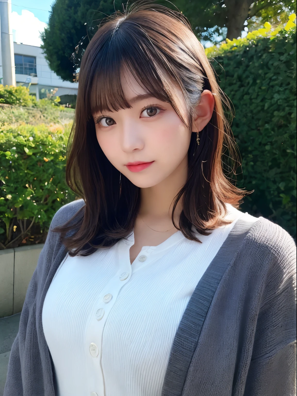 Detailed details,、hight resolution、hightquality、Perfect dynamic composition、Beautiful detailed eyes、short-hair、Small breasts、Natural Color Lip、Kamimei、Shibuya、20 years girl、1 persons、Transparent skin、Glowing hair、masutepiece、Best Quality、finely detail、hight resolution、8K、The correct state of the human body、randome pose、Gravure Model Pose、onepiece、cardigan、Hair soaring in the wind