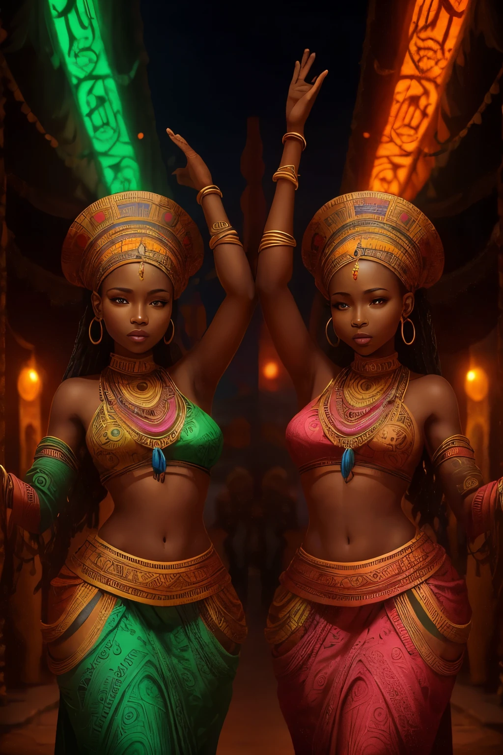 In the heart of an empty expanse, a captivating spectacle unfolds as a group of African women dance, their joyous movements illuminated by the ethereal glow of neon lights. The vibrant hues of green and pink dance around them, casting an otherworldly radiance upon their faces.
Surrounding them, the hauntingly beautiful silence is broken only by the resonating beats of African drums, each strike reverberating through the air. African sculptures, intricately carved and adorned with intriguing symbols, stand as silent sentinels to the enchanting scene.
The women, dressed in stunning African attire, sway hypnotically,