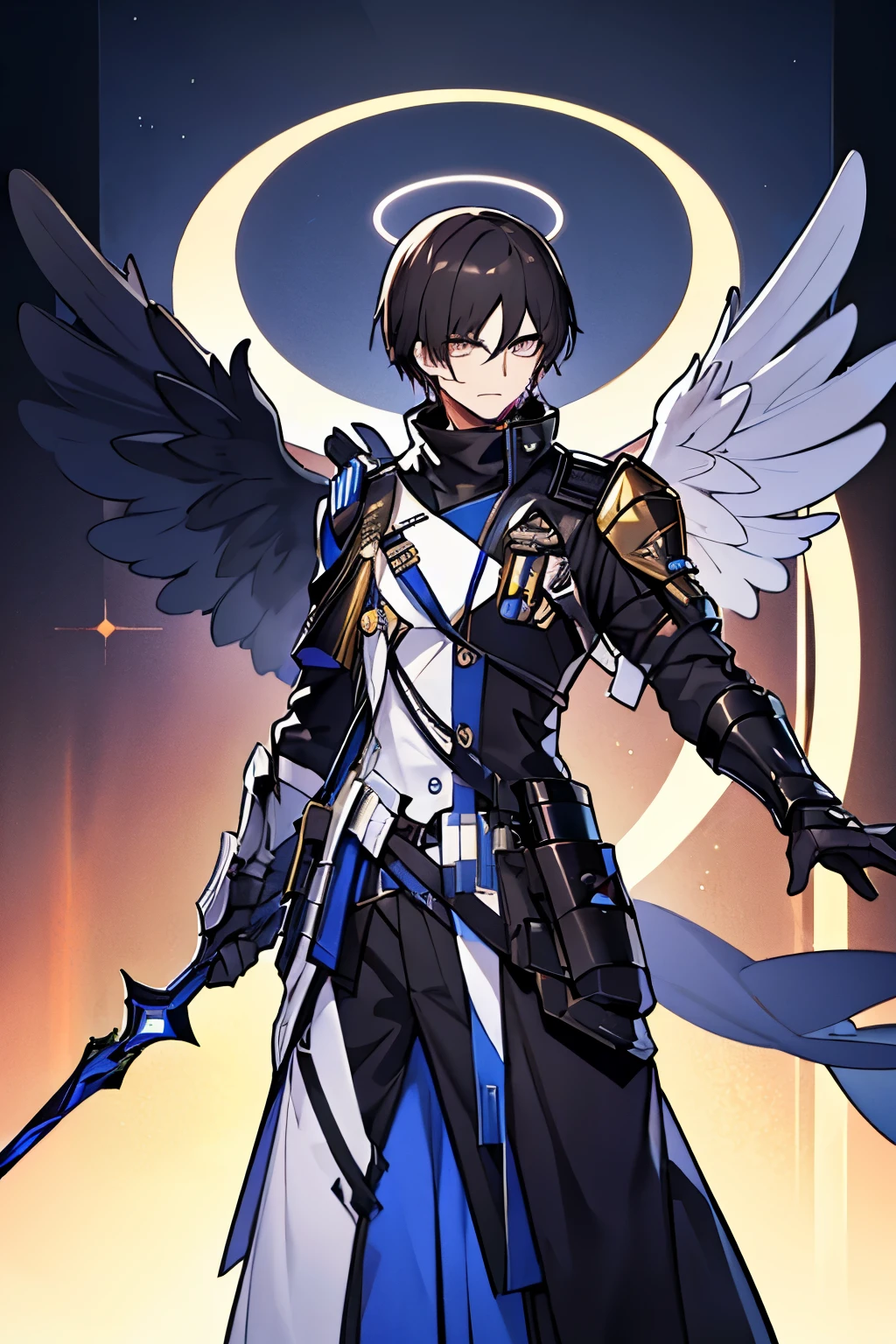 (masterpiece), best quality, 1boy, 1guy, solo, arknights design, arknights operator, (DARK HAIR, black hair, SAPPHIRE EYES, LAPIS EYES, NAVY EYES, blue eyes), dark plastic armor, grey armor, rhodes island armor, knight, (sankta, glowing halo, holographic angular shaped wings, holographic wings, angular wings, halo), (boy, lanky, tall, taller, tall man) menacing eyes, intimidating aura, vengeance, spear