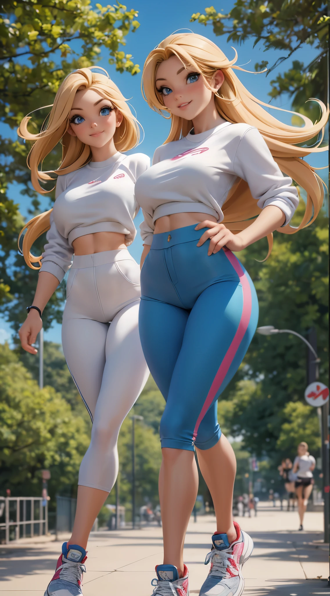 (best quality,4k,8k,highres,masterpiece:1.2),ultra-detailed,(realistic,photorealistic,photo-realistic:1.37),HDR,UHD,studio lighting,ultra-fine painting,sharp focus,physically-based rendering,extreme detail description,professional,vivid colors,bokeh,portraits

[Two women twins] in their early twenties, [thin and fit figures], are jogging in the park. They both have [blond hair] and [beautiful blue eyes] that sparkle in the sunlight. Their radiant smiles reveal [perfectly aligned white teeth]. As they run, their [long and toned legs] move gracefully, showcasing their determination and strength.

Both women wear [matching red and white blouses], which accentuate their youthful beauty. The fabric gently brushes against their skin with every step, adding a touch of elegance to their athletic appearance. Their outfits are completed with [comfortable sports pants] that allow them to move freely. Their [shoes] are specifically designed for running, providing support and cushioning to protect their feet.

The joggers follow a well-maintained [path], winding through the park, leading them towards their fitness goals. Many other people can be seen engaging in different activities, such as [families picnicking], [couples strolling hand in hand], and [children playing on the swings].

The artwork will be a [portrait] that portrays the beauty of these two identical twins. The emphasis will be on capturing their remarkable resemblance and the sense of harmony between them. The colors will be vibrant and lively, highlighting their youthful energy and zest for life. The lighting will be carefully composed, accentuating their features and bringing out the best in their appearance.

The final masterpiece will be a celebration of youth, health, and the special bond between siblings. It will serve as a reminder to cherish the moments of togetherness and the joy of pursuing a healthy lifestyle.