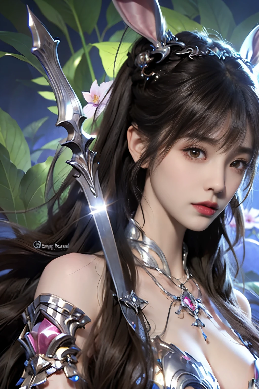Close-up of a woman with rabbit ears and a sword, Queen of the Sea Mu Yanling, Zodiac Girl Knight Portrait, Lineage 2 style, Smooth anime CG art, Game CG, beautiful fantasy queen, Complex and gorgeous anime CGI style, drank, Close up view of goddess, anime goddess, dead, Realistic anime girl rendering,huge breasts,Larger breasts,amazing breast size,Expose cleavage,Naked breasts,Extensive nudity